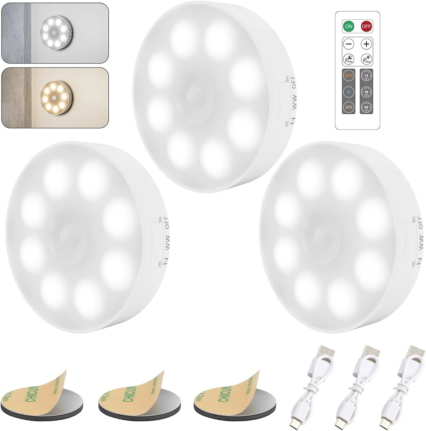 16 LEDs Under Cabinet Lights [with Remote], 3 Pack Wireless Motion Sensor Rechargeable Light Puck Light, 3 Color Temps Dimmable 3000-6000K, Closet Lights for Cabinet, Closet, Kitchen, Hallway, Stairs