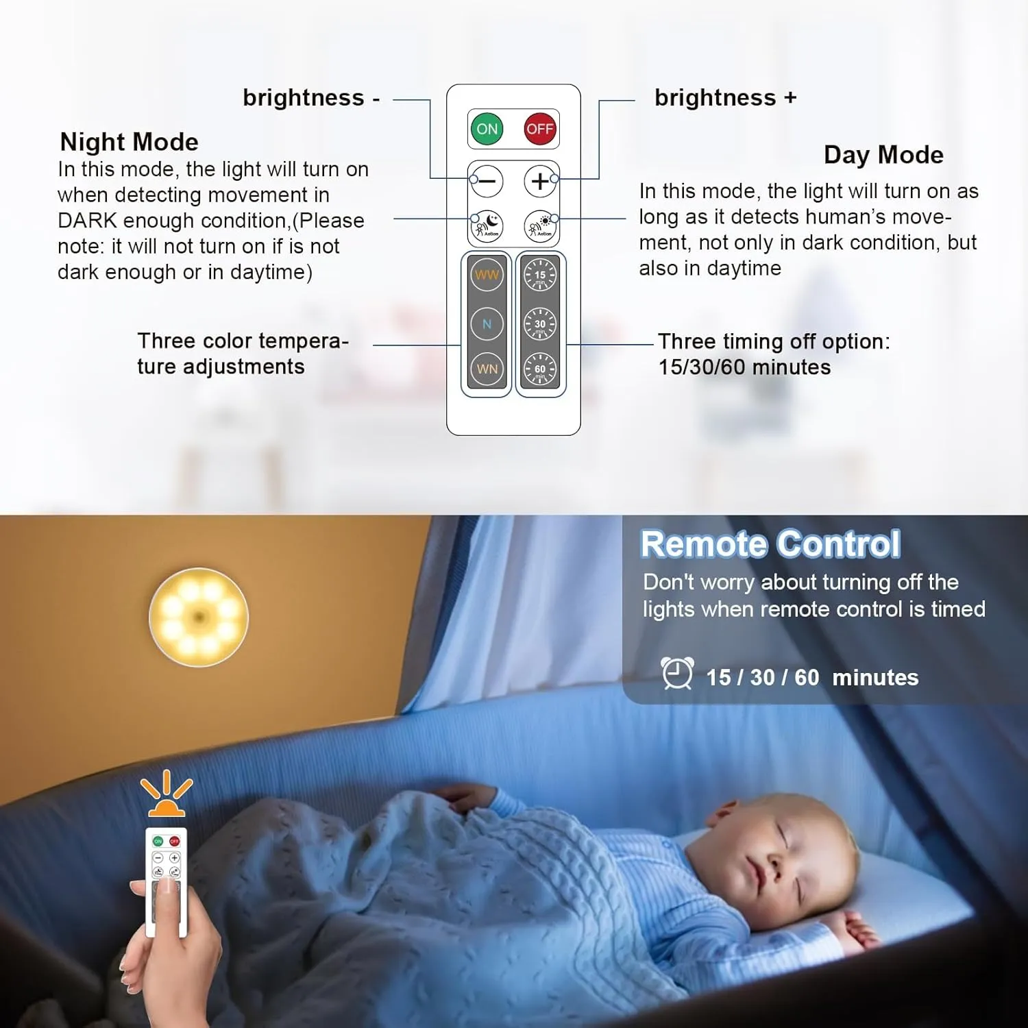 16 LEDs Under Cabinet Lights [with Remote], 3 Pack Wireless Motion Sensor Rechargeable Light Puck Light, 3 Color Temps Dimmable 3000-6000K, Closet Lights for Cabinet, Closet, Kitchen, Hallway, Stairs