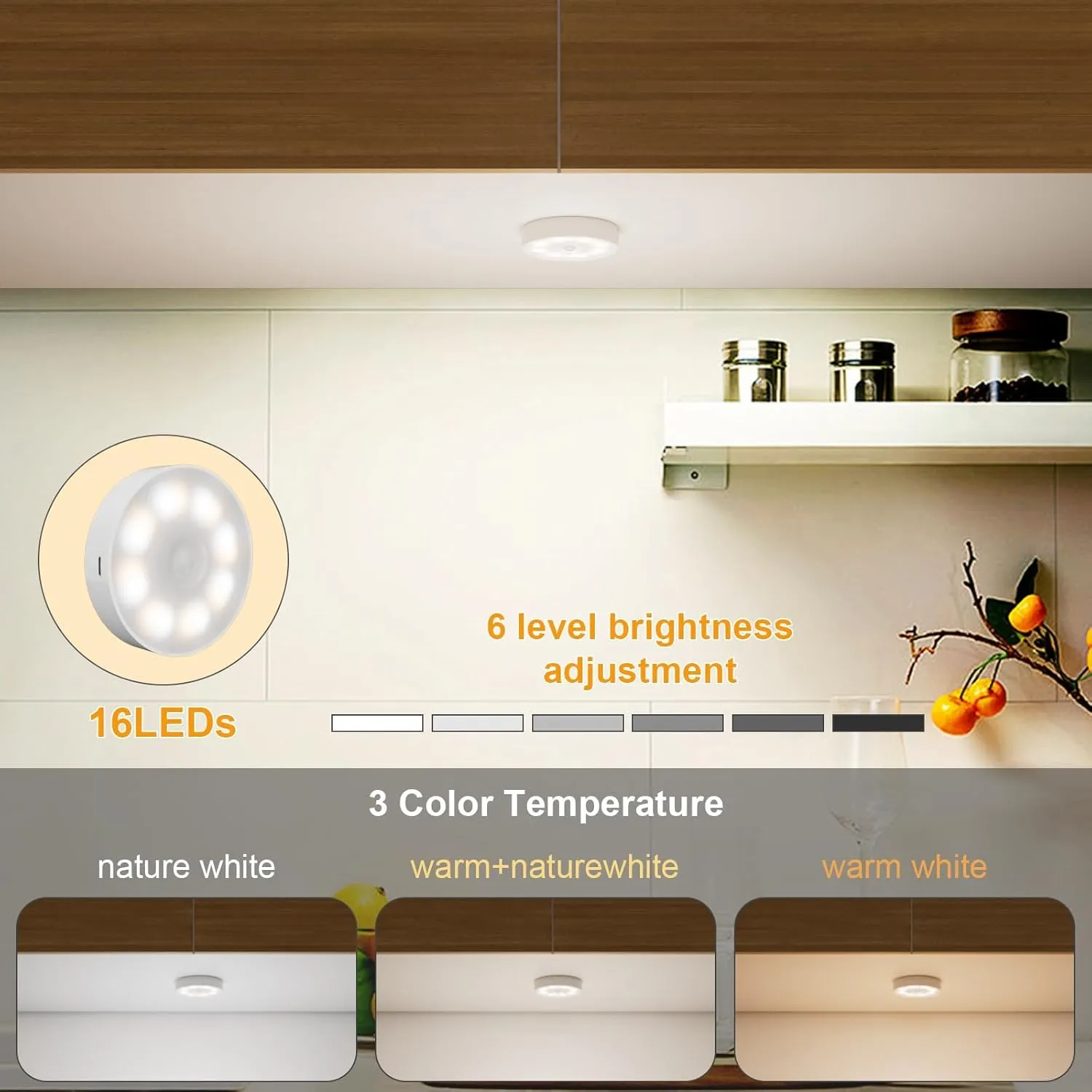 16 LEDs Under Cabinet Lights [with Remote], 3 Pack Wireless Motion Sensor Rechargeable Light Puck Light, 3 Color Temps Dimmable 3000-6000K, Closet Lights for Cabinet, Closet, Kitchen, Hallway, Stairs