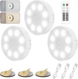 16 LEDs Under Cabinet Lights [with Remote], 3 Pack Wireless Motion Sensor Rechargeable Light Puck Light, 3 Color Temps Dimmable 3000-6000K, Closet Lights for Cabinet, Closet, Kitchen, Hallway, Stairs
