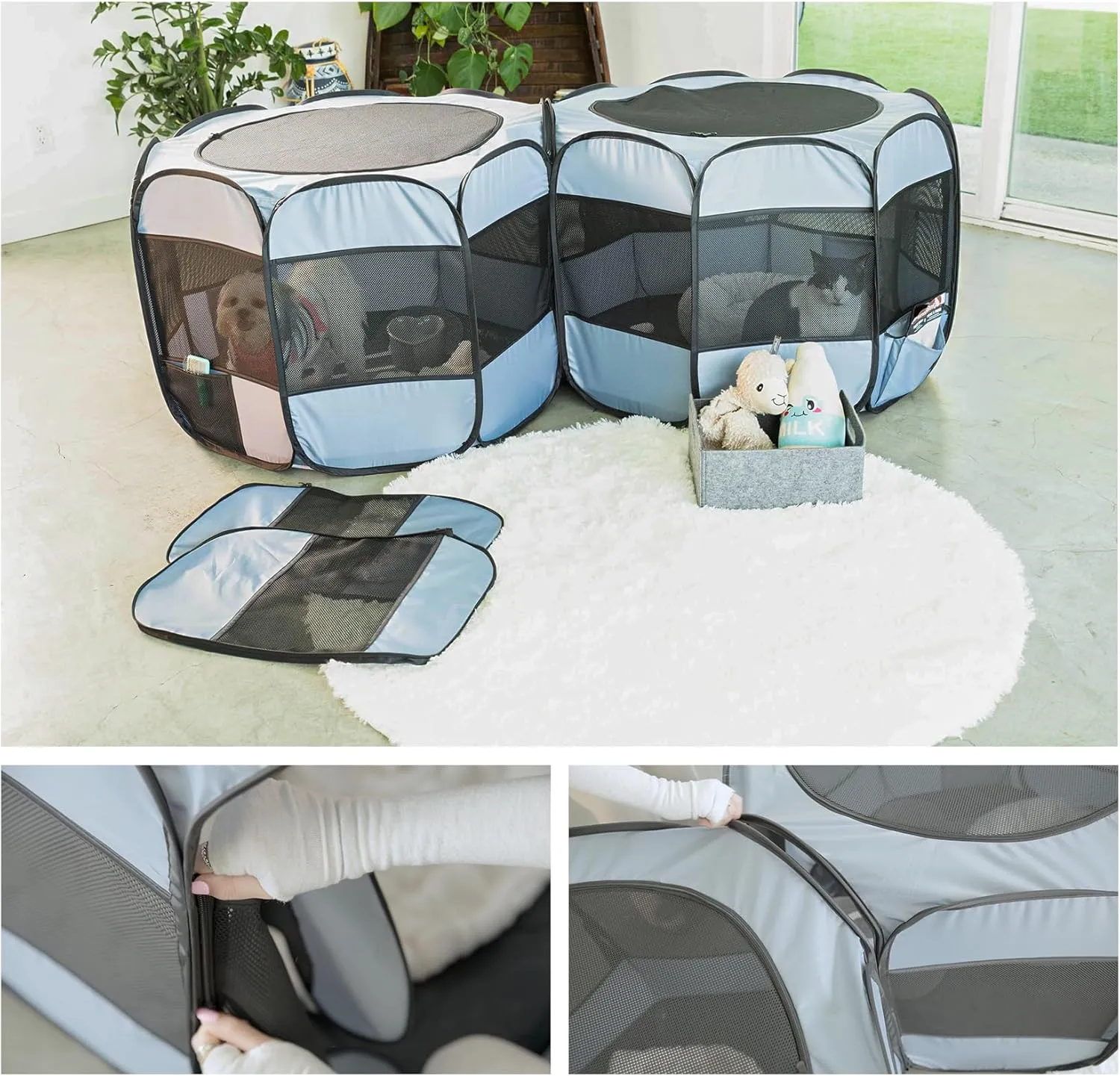 2-in-1 XLarge Cat Playpen, Detachable into 2 Separate Playpens with Additional 2 Doors, with Pee Pads, Portable Dog Playpen Cat Tent Enclosure for Kitten and Puppy Indoor Outdoor Use(L, 90"x45"x28"H)