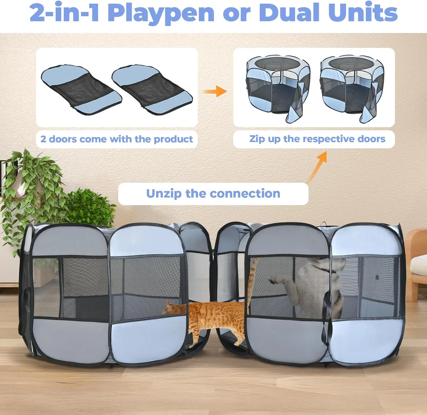 2-in-1 XLarge Cat Playpen, Detachable into 2 Separate Playpens with Additional 2 Doors, with Pee Pads, Portable Dog Playpen Cat Tent Enclosure for Kitten and Puppy Indoor Outdoor Use(L, 90"x45"x28"H)