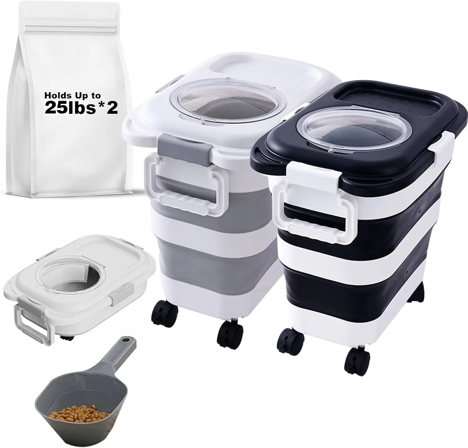 2pack 25 lbs Dog Food Storage Container,Collapsible Dog Food Container with Scoop,Pet/Dog/Cat/Bird Food/Cat litter Storage Containers to Keep Dry,Easy to Move.(Black white)