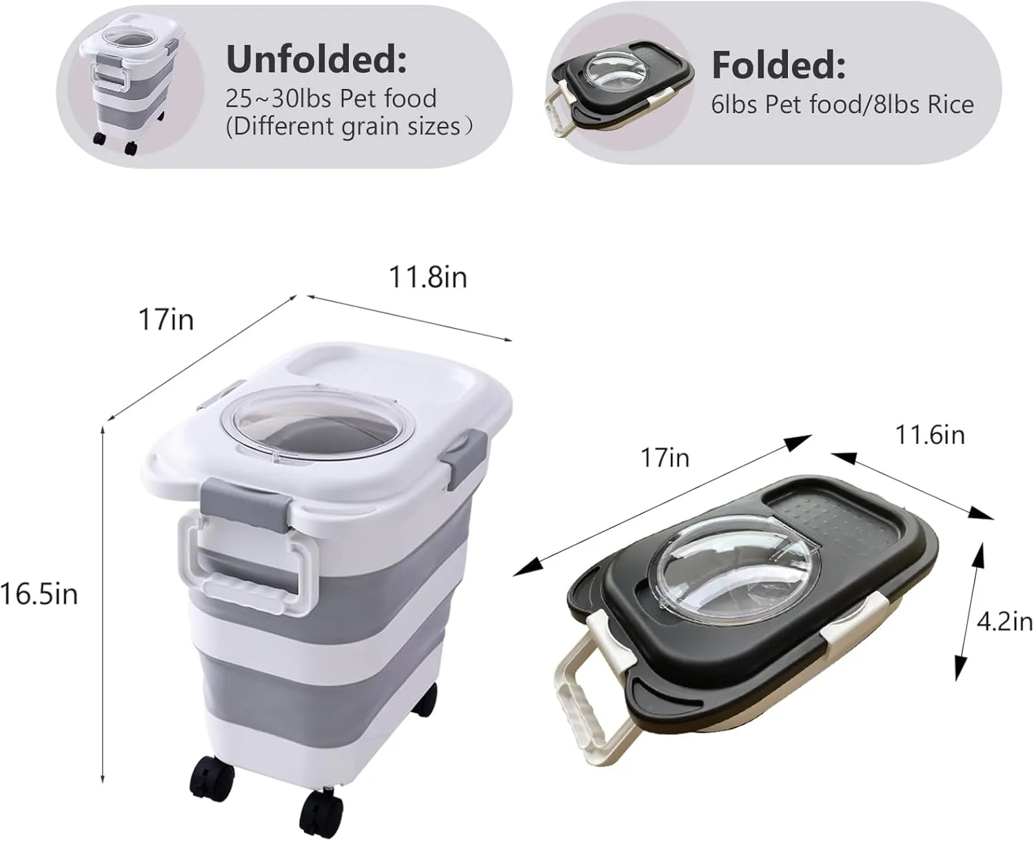 2pack 25 lbs Dog Food Storage Container,Collapsible Dog Food Container with Scoop,Pet/Dog/Cat/Bird Food/Cat litter Storage Containers to Keep Dry,Easy to Move.(Black white)
