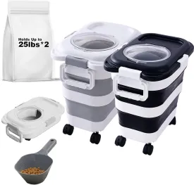 2pack 25 lbs Dog Food Storage Container,Collapsible Dog Food Container with Scoop,Pet/Dog/Cat/Bird Food/Cat litter Storage Containers to Keep Dry,Easy to Move.(Black white)