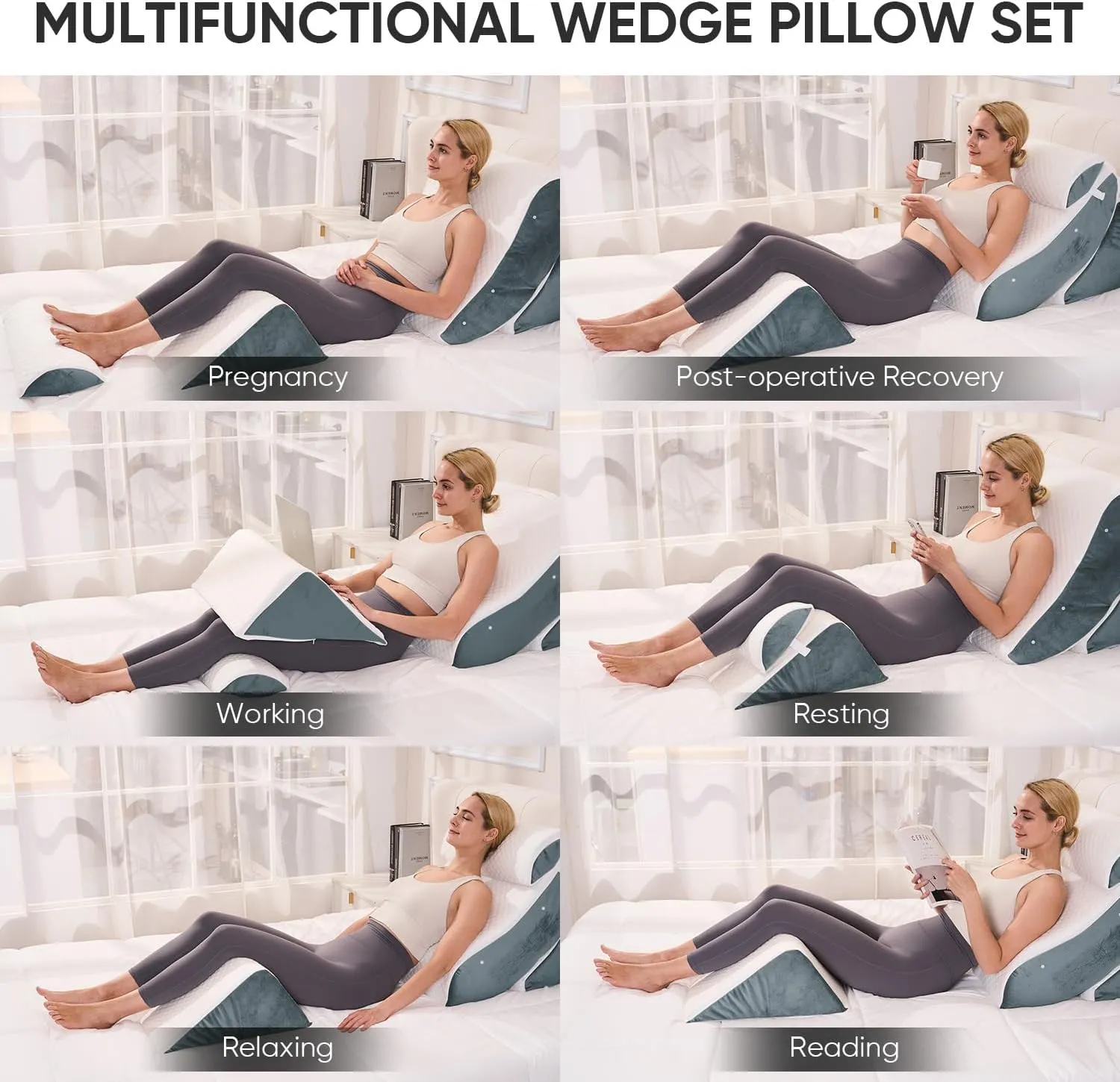 4 PCS Wedge Pillow Set for After Surgery, Memory Foam Orthopedic Bed Wedge Pillow Set, Adjustable Bed for Sleeping, Acid Reflux Relief, Post Surgery Recovery, Back Support, Leg Elevation, DarkGery