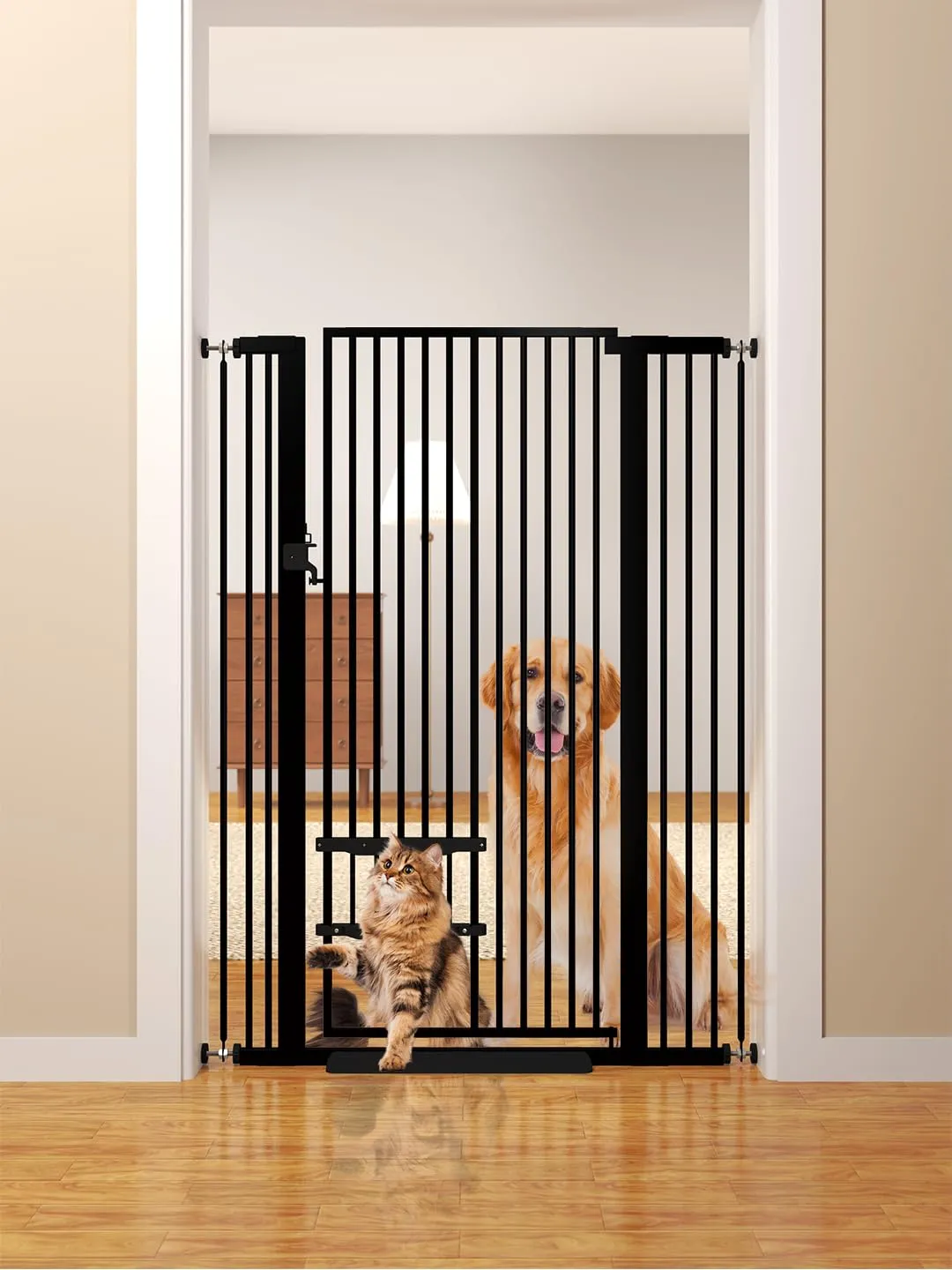 55.11" Extra Tall Pet Gate With Small Cat Door - 29.5-40.6 Wide, No Drilling Pressure Mount Kit for Cats and Dogs, Indoor Doorways, Living Room, Bedroom - Black