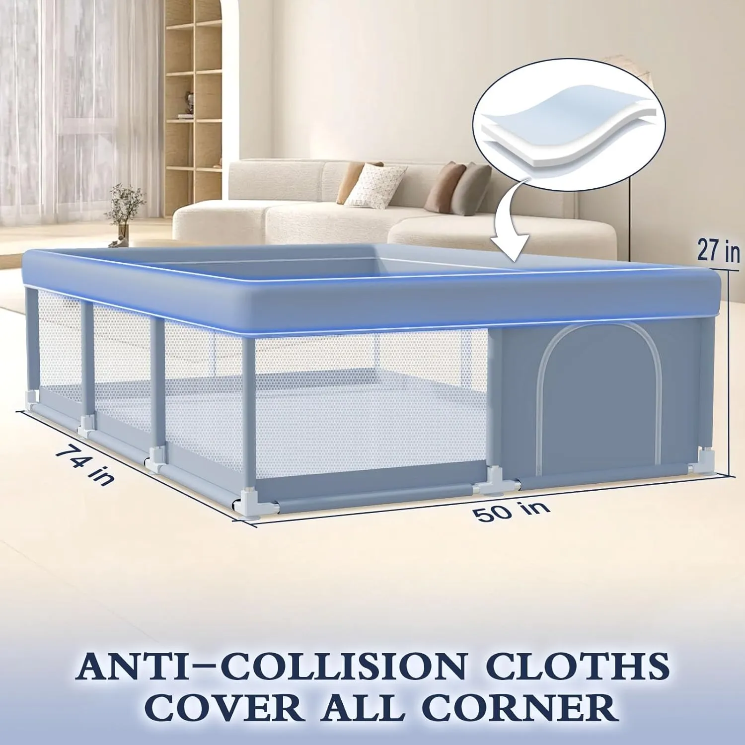 74 x 50 Inch Baby Playpen, Playpen for Babies and Toddlers, Baby Play Pen Playard for Indoor & Outdoor Active Center Game Fence, with Skin-Friendly Fabric and Soft Breathable Mesh, Grey