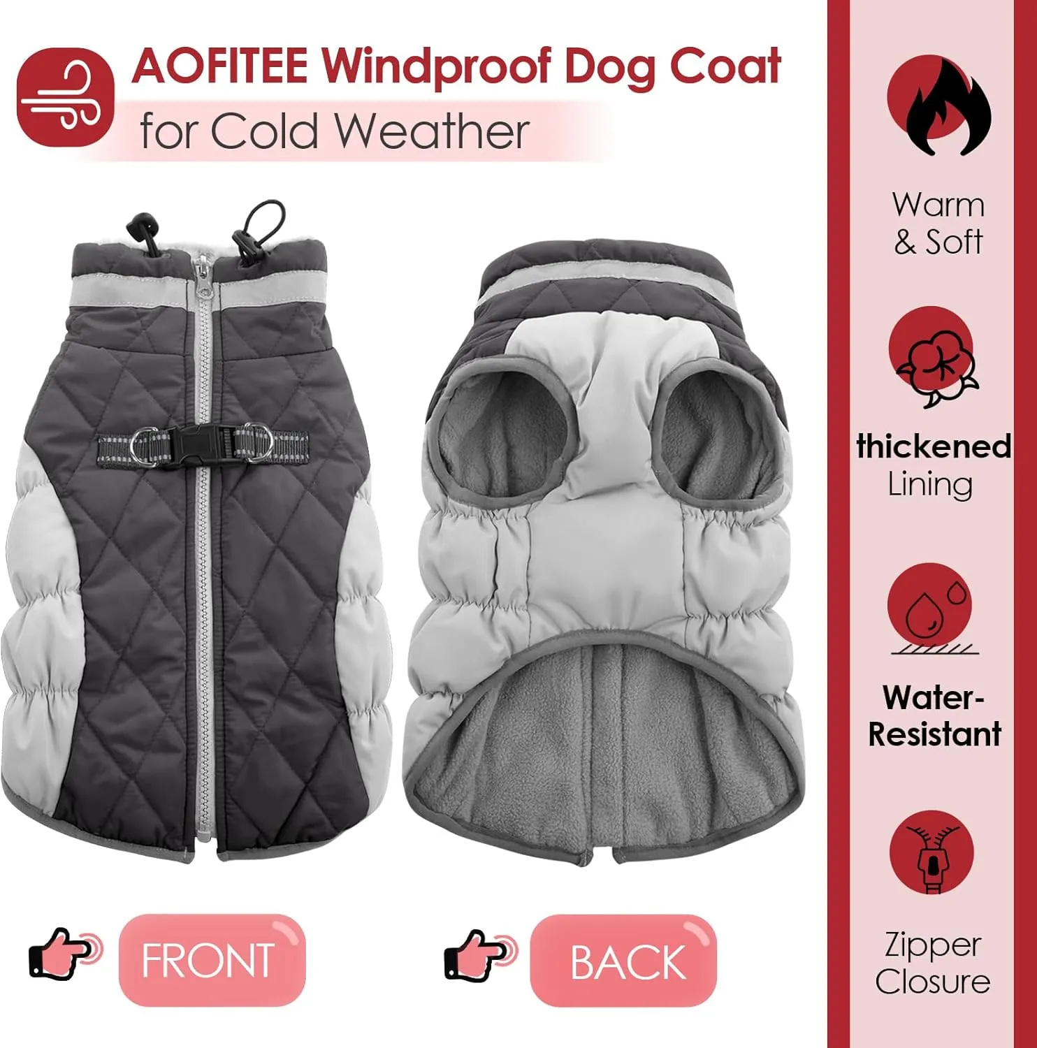 AOFITEE Dog Coat, Warm Dog Winter Coat, Reflective Cold Weather Dogs Puffer Jacket with Harness Built in, Waterproof Pet Fleece Vest Snowsuit for Small Medium Large Dogs, Grey L