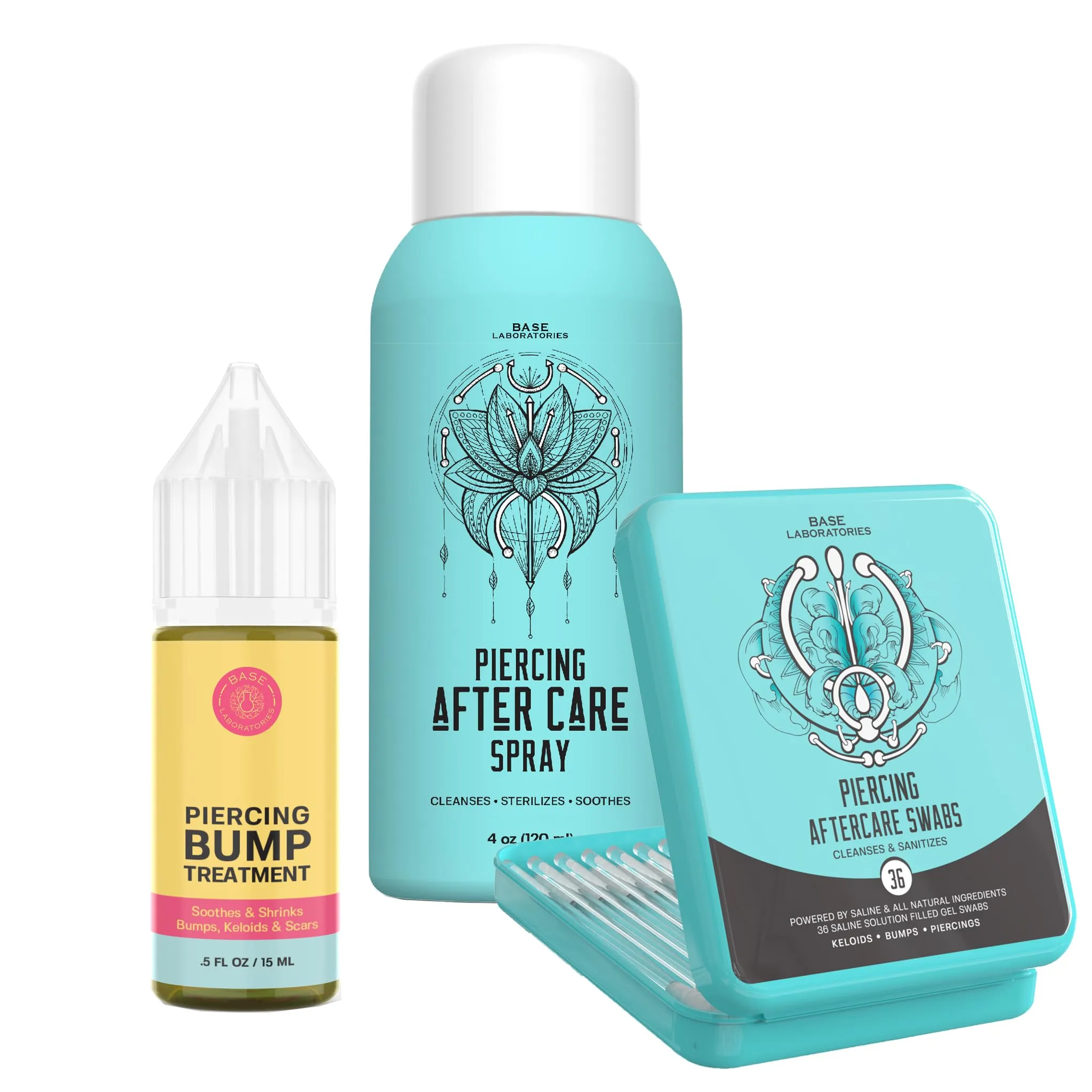 BASE LABORATORIES Ultimate Healing Piercing Aftercare Kit | Piercing Aftercare Spray   Keloid Piercing Bump Treatment Oil   Piercing Cleaner Swabs | Keloid Bump Removal - Saline Solution for Piercings