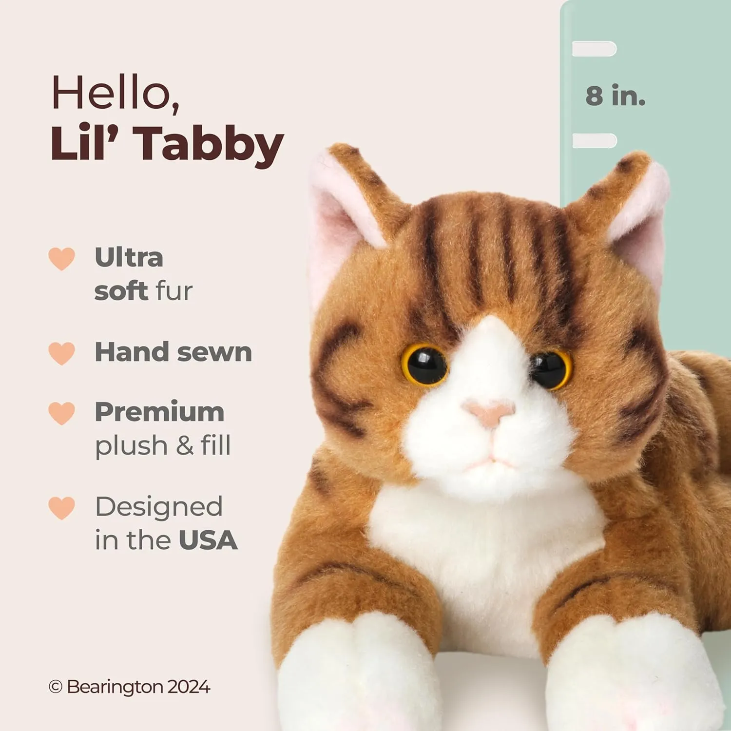 Bearington Collection Lil' Tabby Cat 8 in Stuffed Animals Orange Cat Plush Toy - Stuffed Cats That Look Real - Plushies for Kids