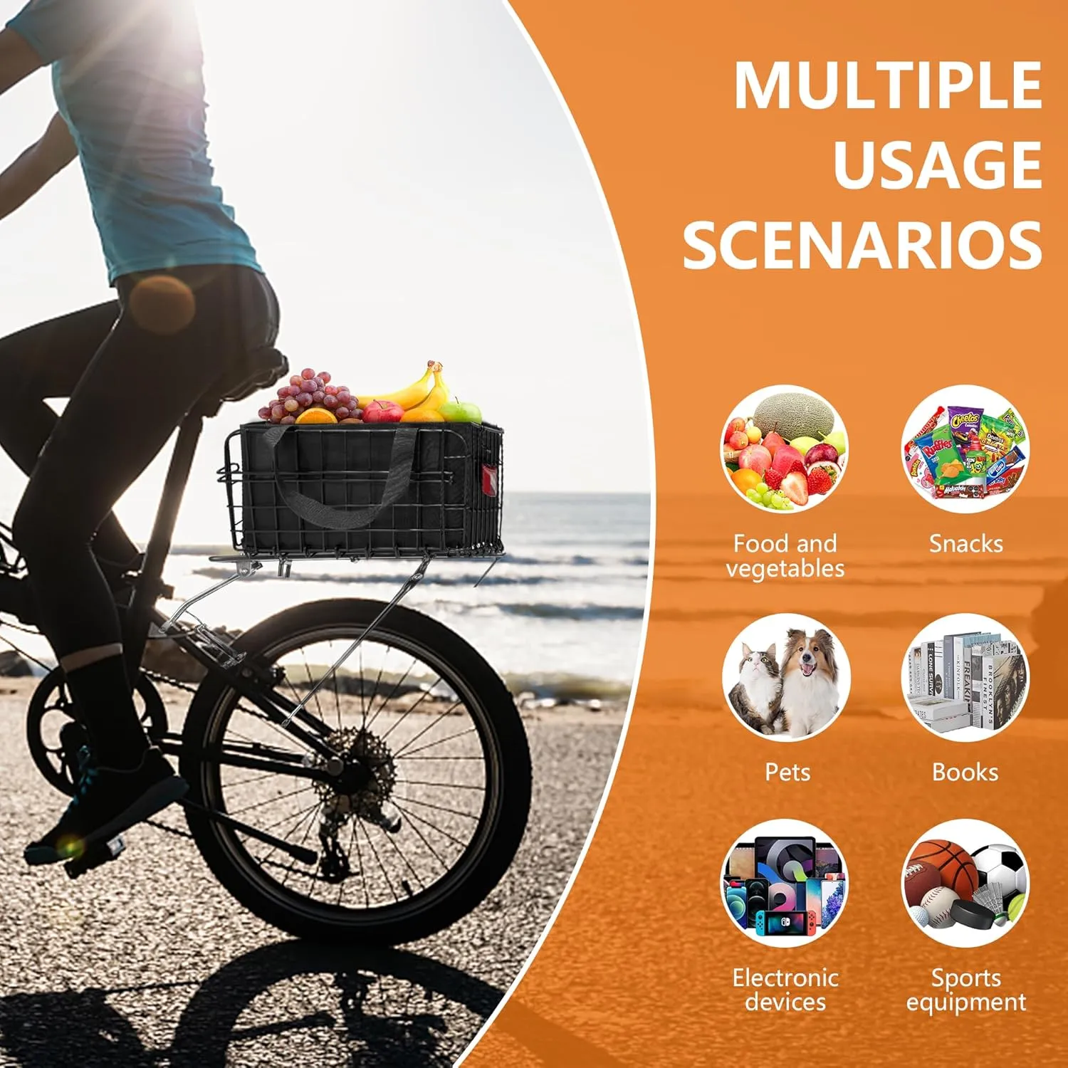 Bike Basket Front/Rear for Adult Bikes, Folding Large Rear Bicycle Basket with Removable Liner Bag Rainproof Cover