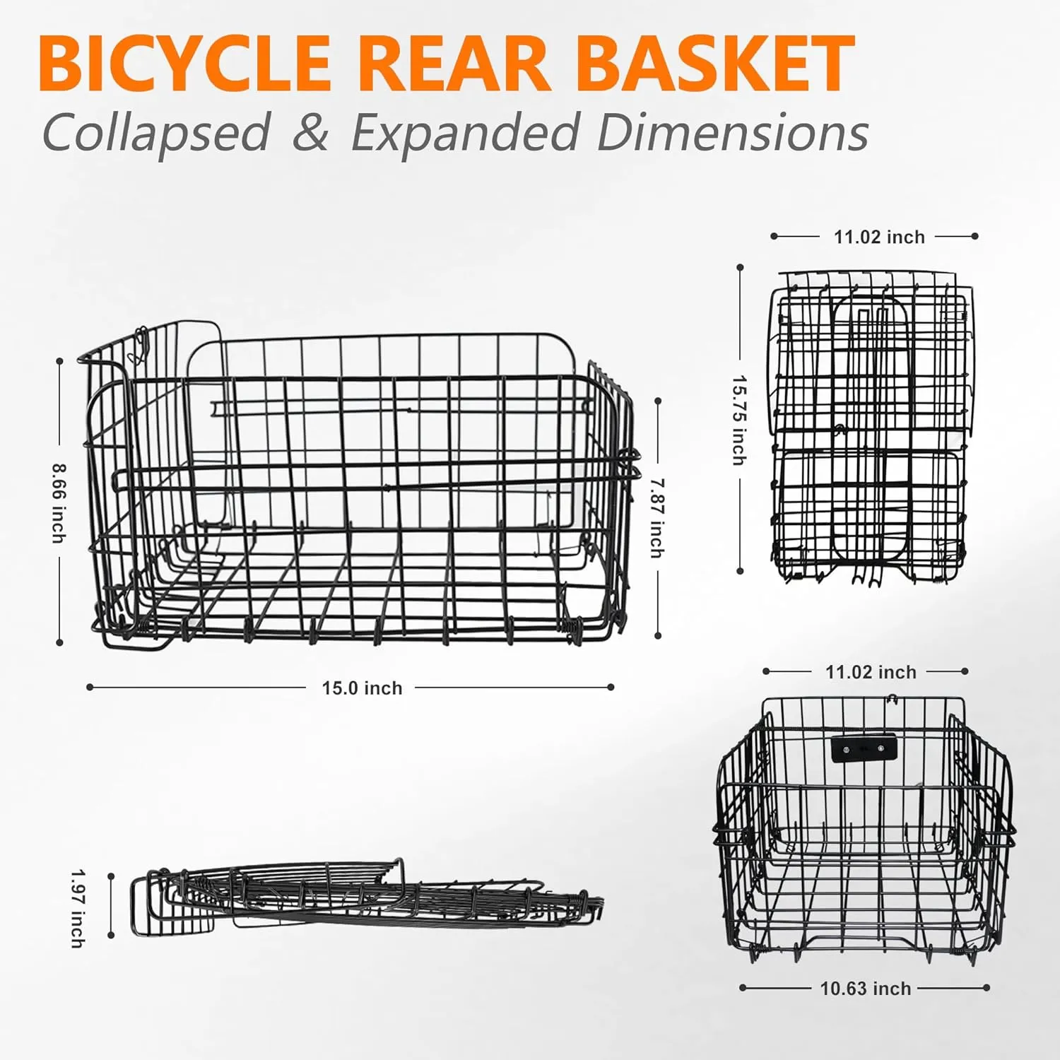Bike Basket Front/Rear for Adult Bikes, Folding Large Rear Bicycle Basket with Removable Liner Bag Rainproof Cover