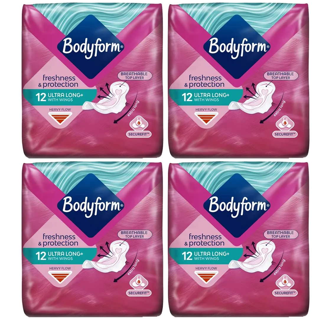 Bodyform Ultra Long with Wings Sanitary Towels Pads 12s, for Heavy Flow - Pack of 4 (48 Pads Total)