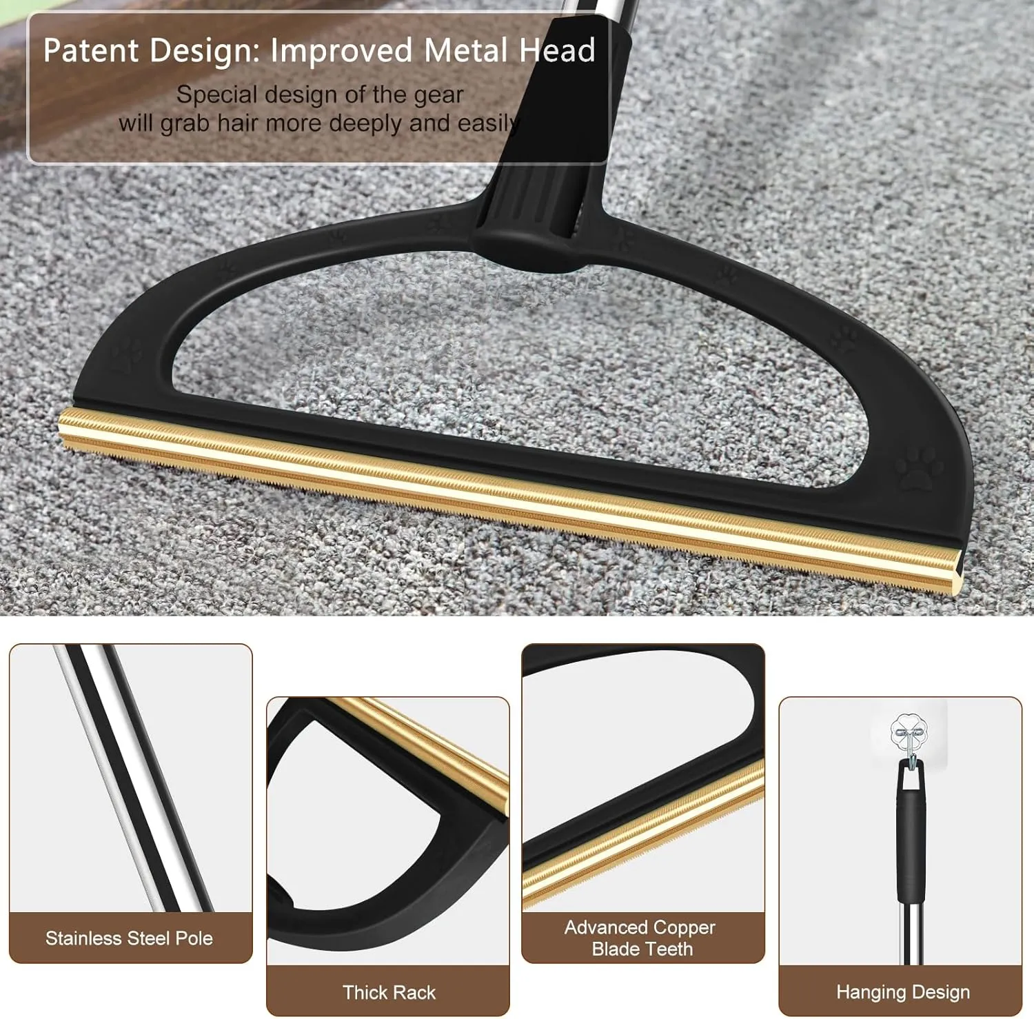 Carpet Rake for Pet Hair Removal, Pet Hair Removal Tool Set of 2, 56 Long Handle Carpet Pet Hair Removal Carpet Scraper Dog Cat Hair Remover for Sofa, Couch, Car, Rug,Stairs (Black)
