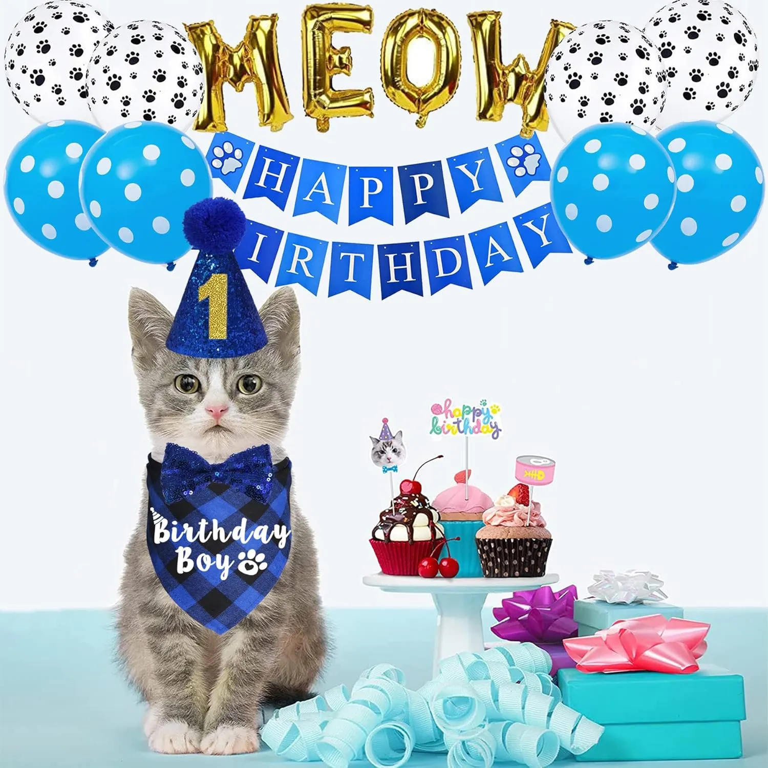 Cat Birthday Party Supplies, Cat Birthday Hat with Number Bandana Bow Tie Banner Balloons Meow Letter Balloons for Cats Kittens Decorations