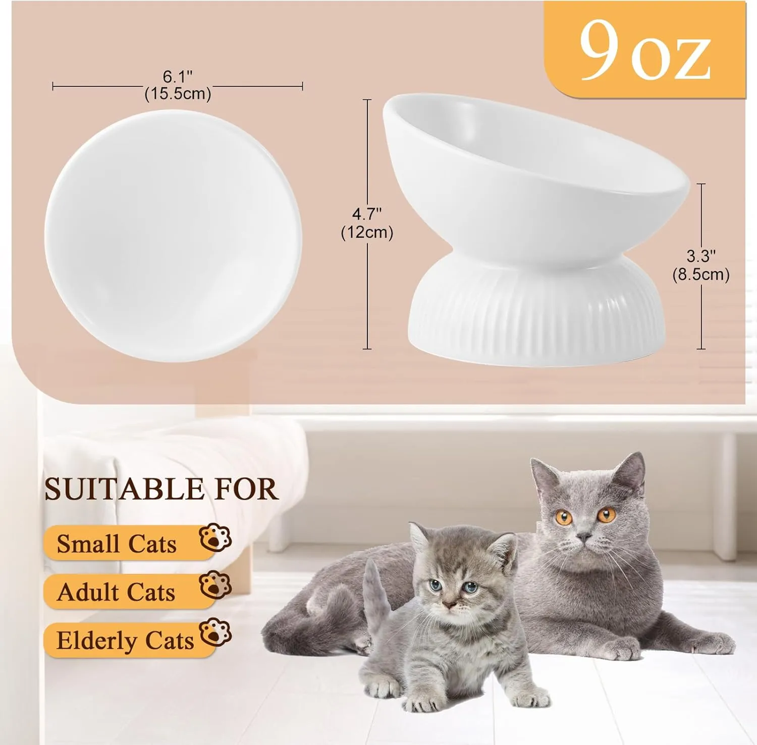 Ceramic Raised Cat Food Bowl - Tilted Elevated Anti-Vomit Feeding Dish - 6.1 Inch Extra Wide Shallow Whisker Friendly - for Dry Wet Food - Microwave and Dishwasher Safe - 9 oz