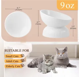 Ceramic Raised Cat Food Bowl - Tilted Elevated Anti-Vomit Feeding Dish - 6.1 Inch Extra Wide Shallow Whisker Friendly - for Dry Wet Food - Microwave and Dishwasher Safe - 9 oz