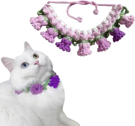 Cute Cat Collar Breakaway, Adjustable Knitted Pet Bib, Fancy Girl Female Boy Cat Accessories, Knitting Dog Bandana, Comfortable Crochet Bell Flower Scarf, Handmade Kitten Neck Decoration, Purple (M)