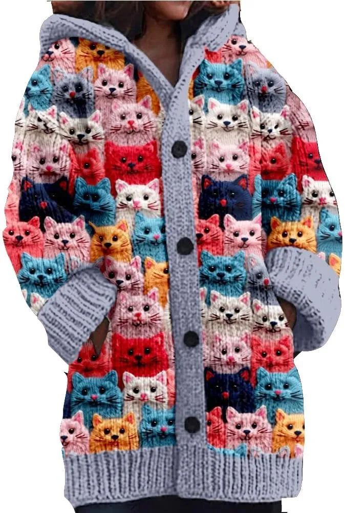 Cute Cat Pattern Knit Hooded Cardigan Cat Sweaters For Women Plus Size Cat Cardigan For Women Lover Gift