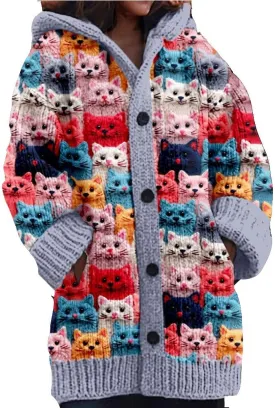 Cute Cat Pattern Knit Hooded Cardigan Cat Sweaters For Women Plus Size Cat Cardigan For Women Lover Gift