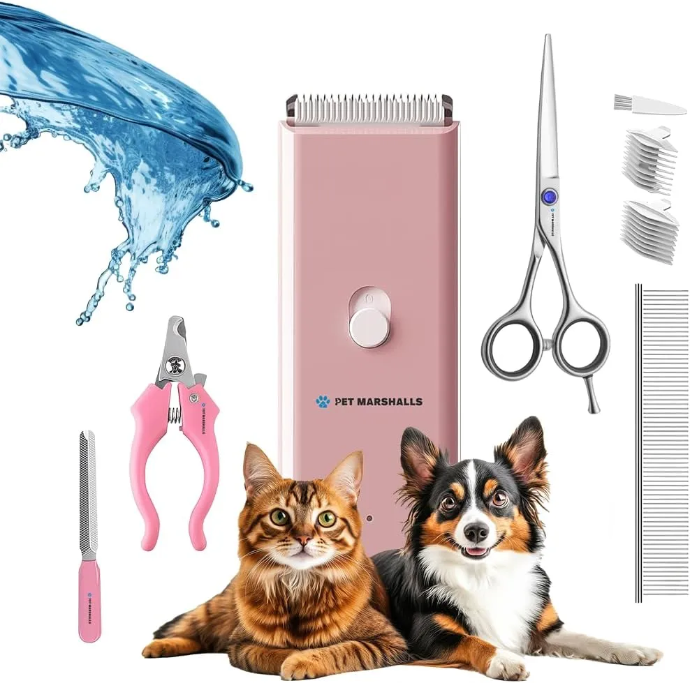 Dog Clippers for Grooming, 5-in-1 Waterproof Electric Pet Clipper with Scissors and Comb, Low Noise 12V Motor, Pink Clipper