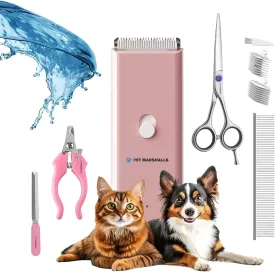 Dog Clippers for Grooming, 5-in-1 Waterproof Electric Pet Clipper with Scissors and Comb, Low Noise 12V Motor, Pink Clipper
