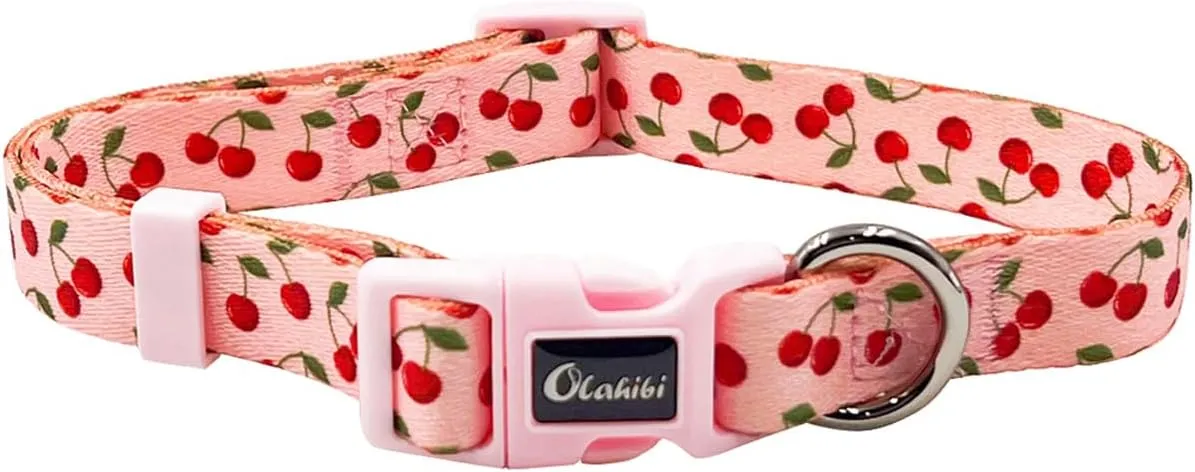Dog Collar and Leash Set, Cherry Pattern, Polyester Material, 5ft Leash, for Puppy Dogs.(Extra Small,Pink Cherry)