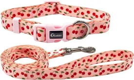 Dog Collar and Leash Set, Cherry Pattern, Polyester Material, 5ft Leash, for Puppy Dogs.(Extra Small,Pink Cherry)