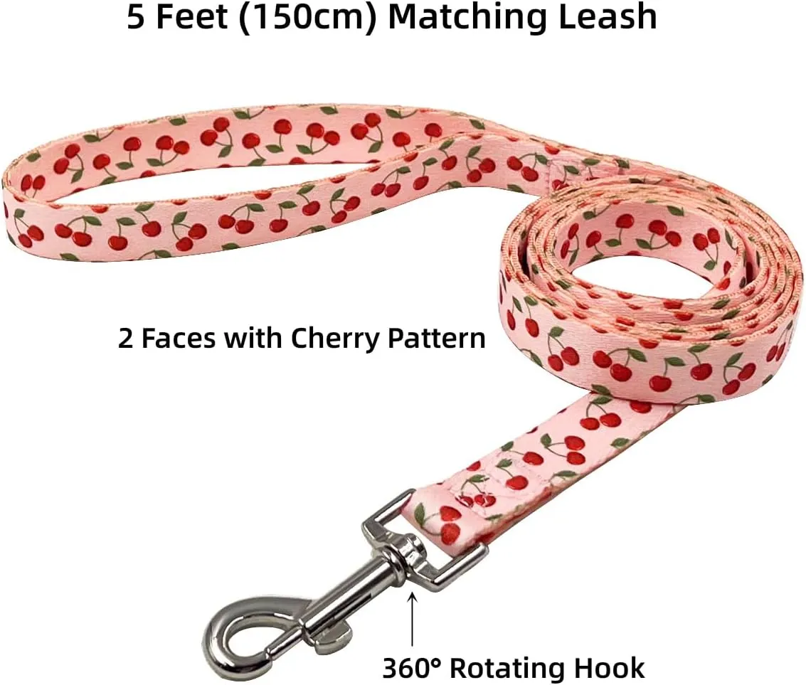 Dog Collar and Leash Set, Cherry Pattern, Polyester Material, 5ft Leash, for Puppy Dogs.(Extra Small,Pink Cherry)