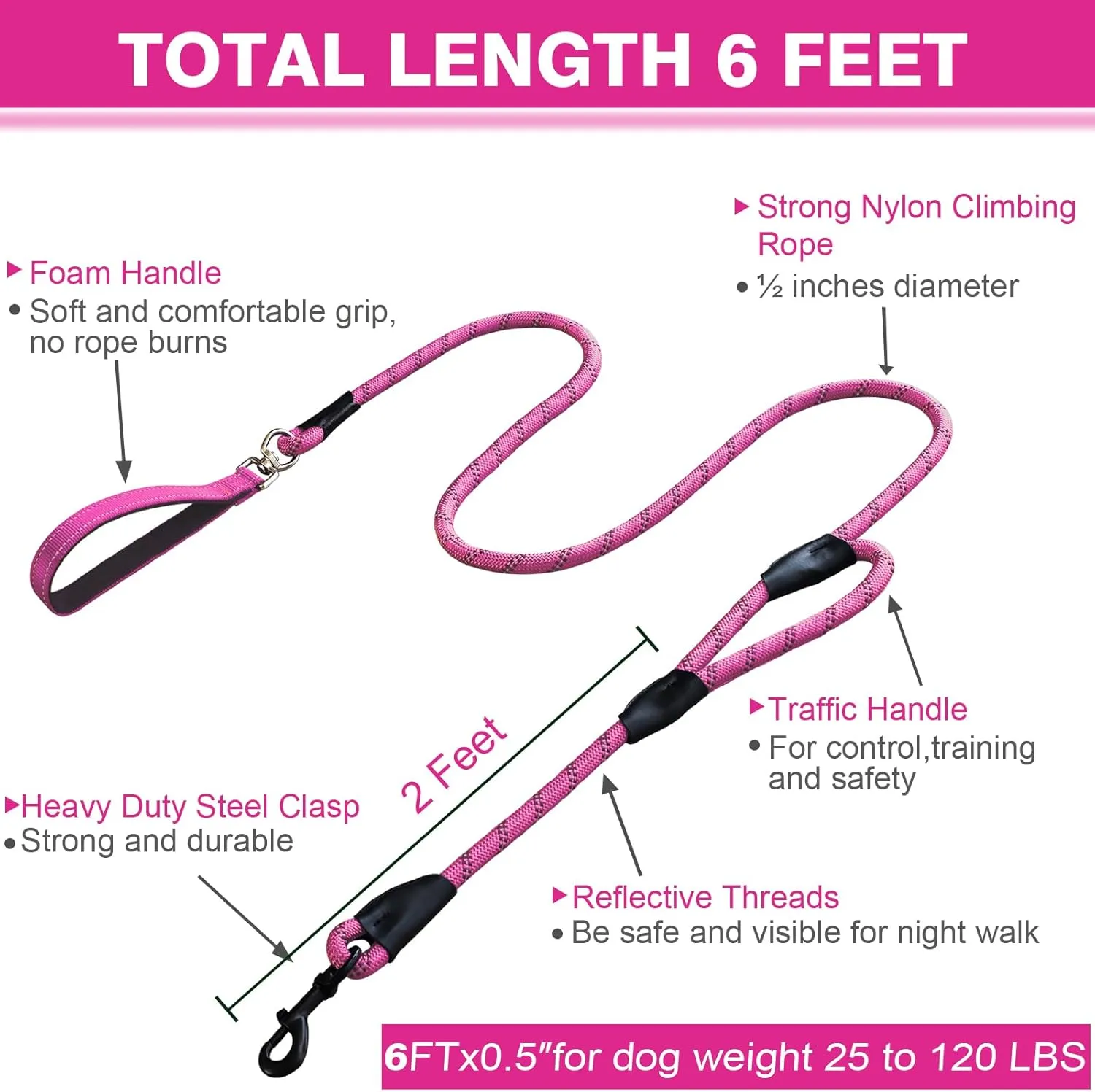 Dog Leash, 6 Foot Dog Leash, 2 Extra Padded Handles, Lockable Metal Carabiner Clip, Reflective No Pull Heavy Duty Rope Lead, Walking, Training, Running, Medium to Large BreedsPink