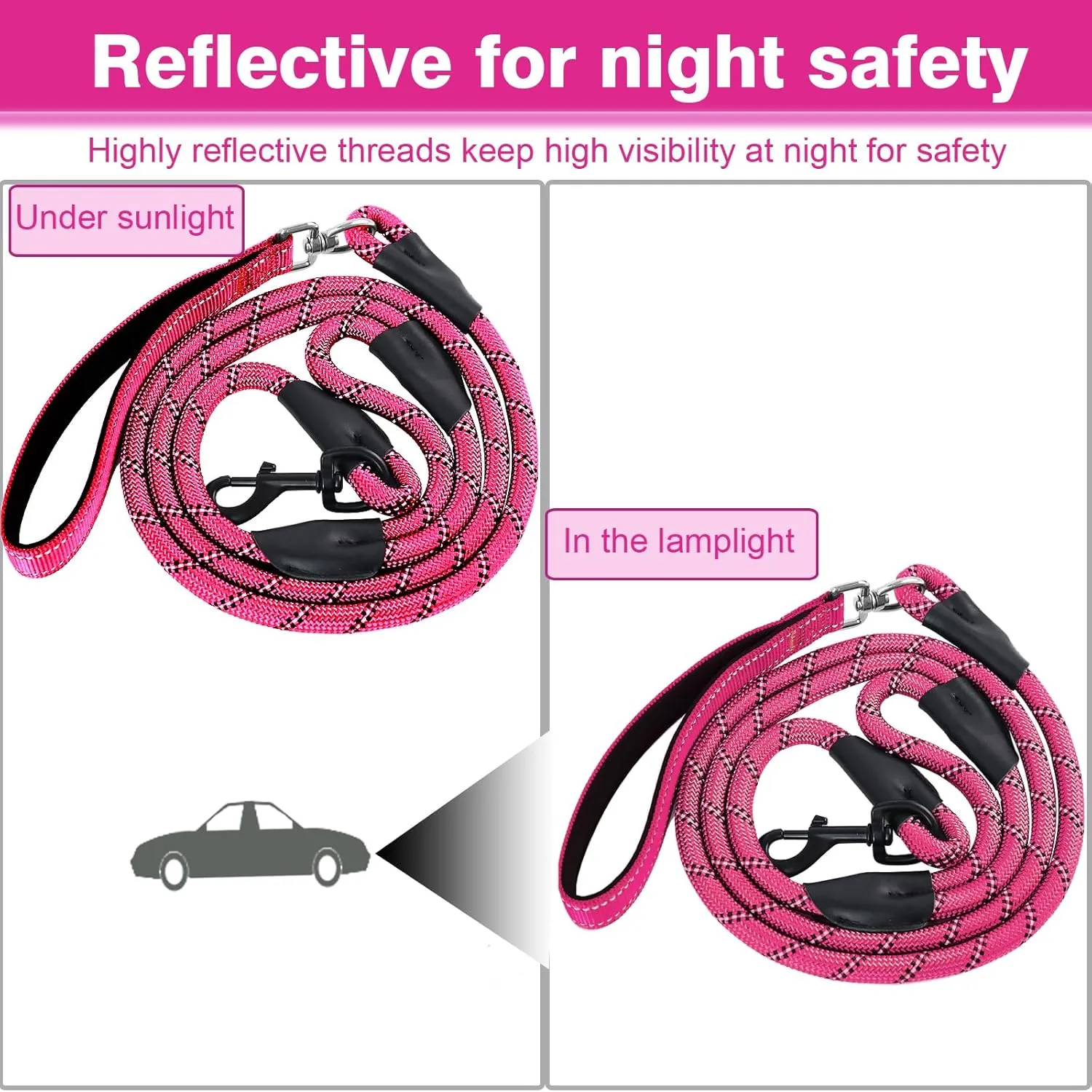 Dog Leash, 6 Foot Dog Leash, 2 Extra Padded Handles, Lockable Metal Carabiner Clip, Reflective No Pull Heavy Duty Rope Lead, Walking, Training, Running, Medium to Large BreedsPink