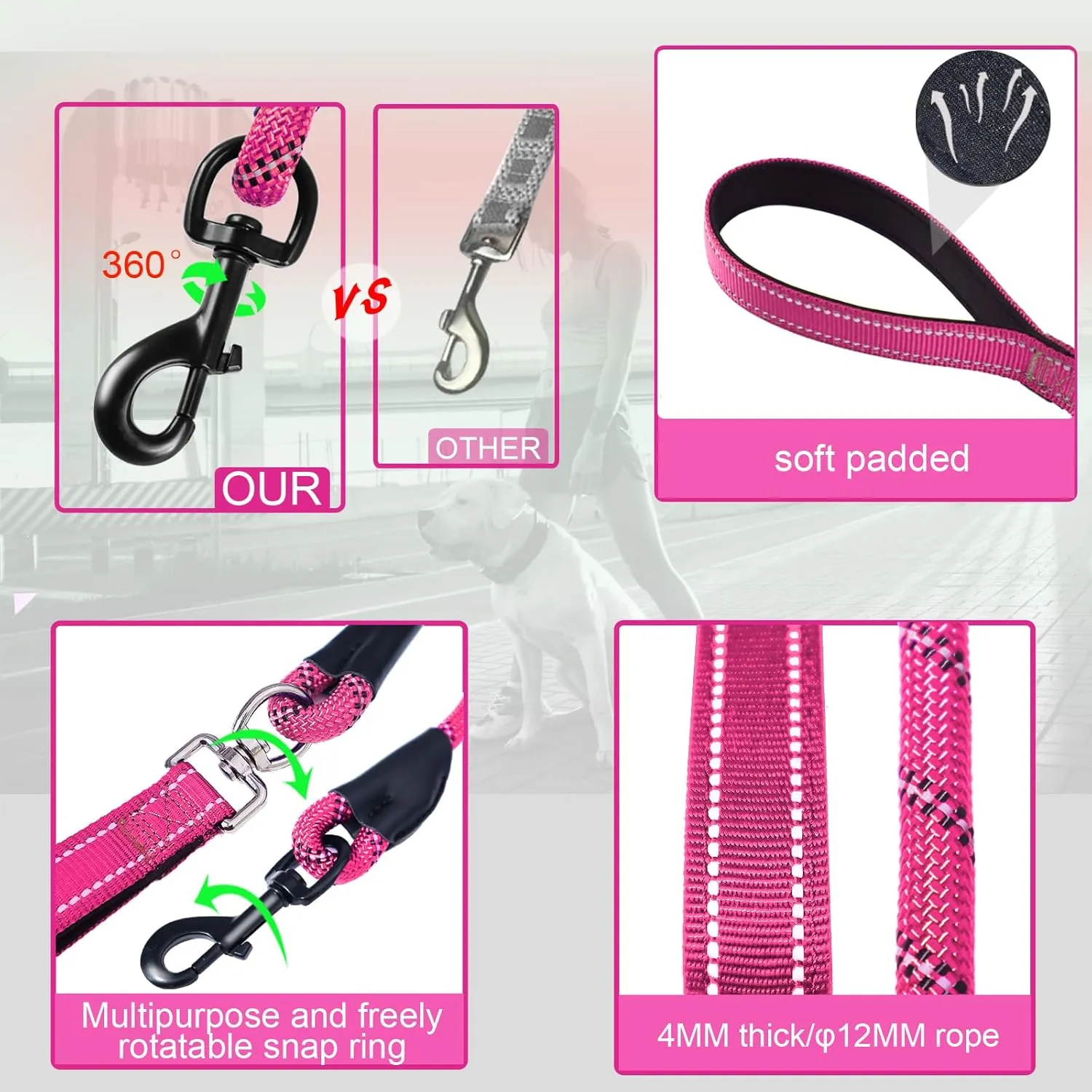 Dog Leash, 6 Foot Dog Leash, 2 Extra Padded Handles, Lockable Metal Carabiner Clip, Reflective No Pull Heavy Duty Rope Lead, Walking, Training, Running, Medium to Large BreedsPink