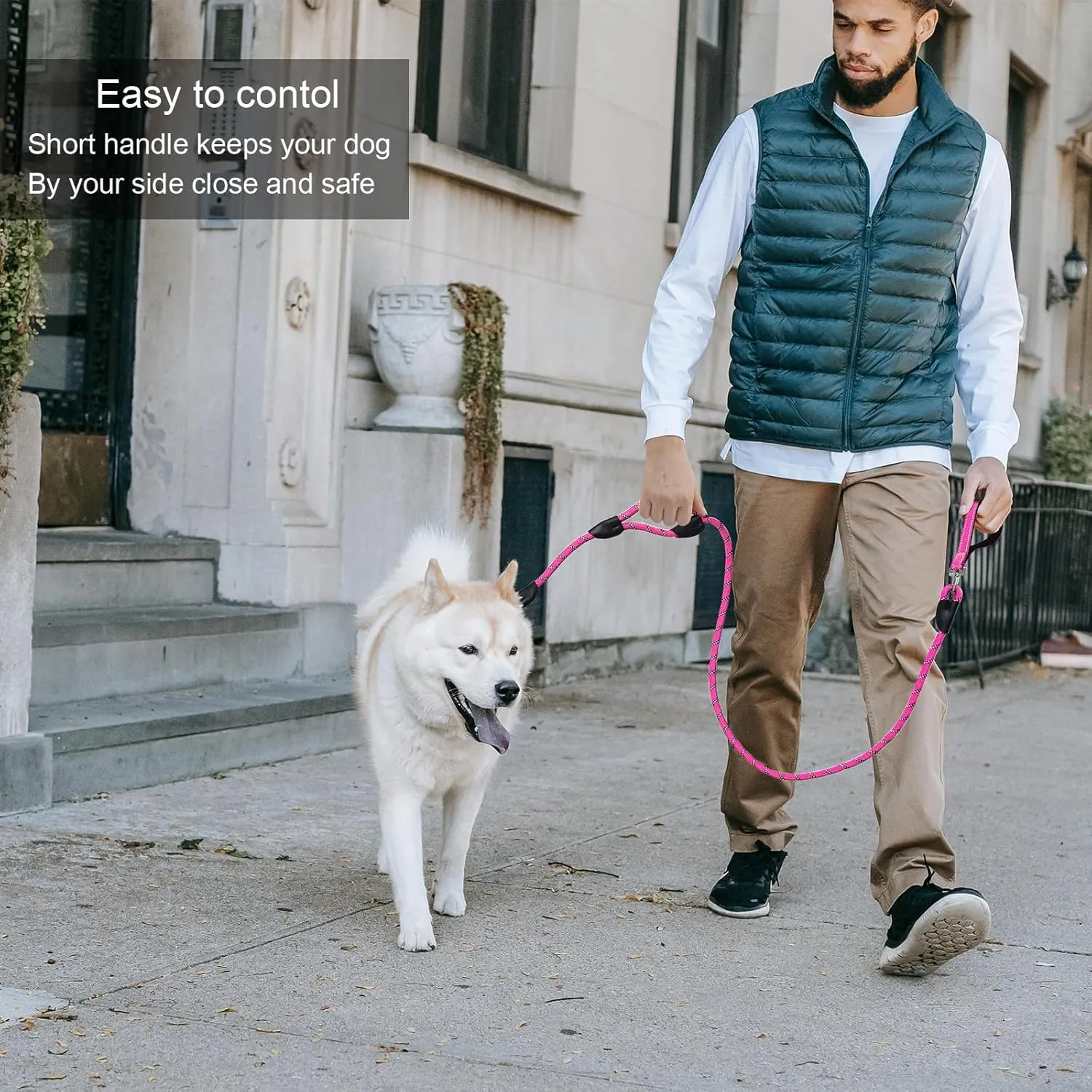 Dog Leash, 6 Foot Dog Leash, 2 Extra Padded Handles, Lockable Metal Carabiner Clip, Reflective No Pull Heavy Duty Rope Lead, Walking, Training, Running, Medium to Large BreedsPink
