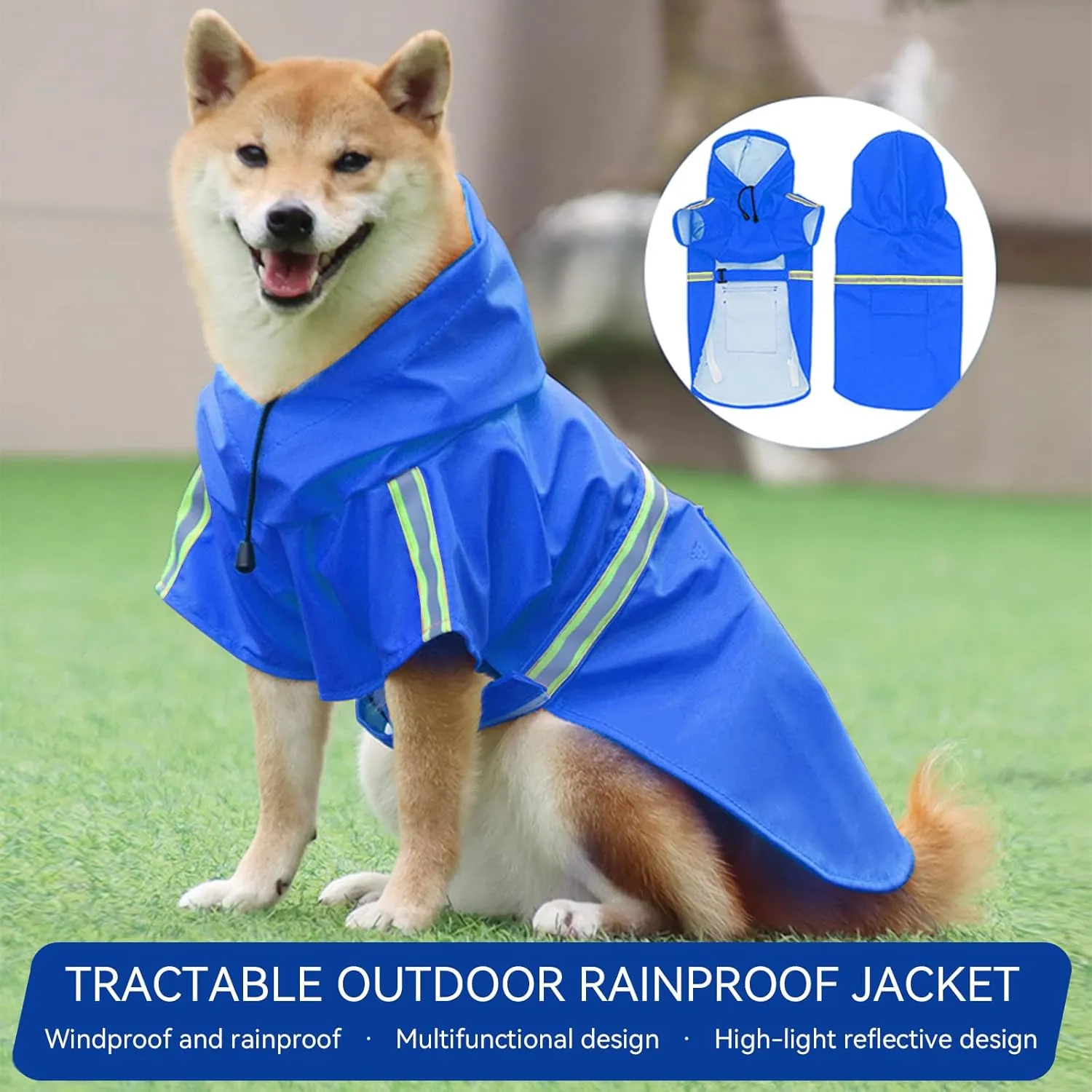 Dog Raincoat, Adjustable Drawstring Dog Rain Jacket for Medium Small Dogs, Waterproof Dog Hooded Poncho with Reflective Stripe(Blue,2XL)
