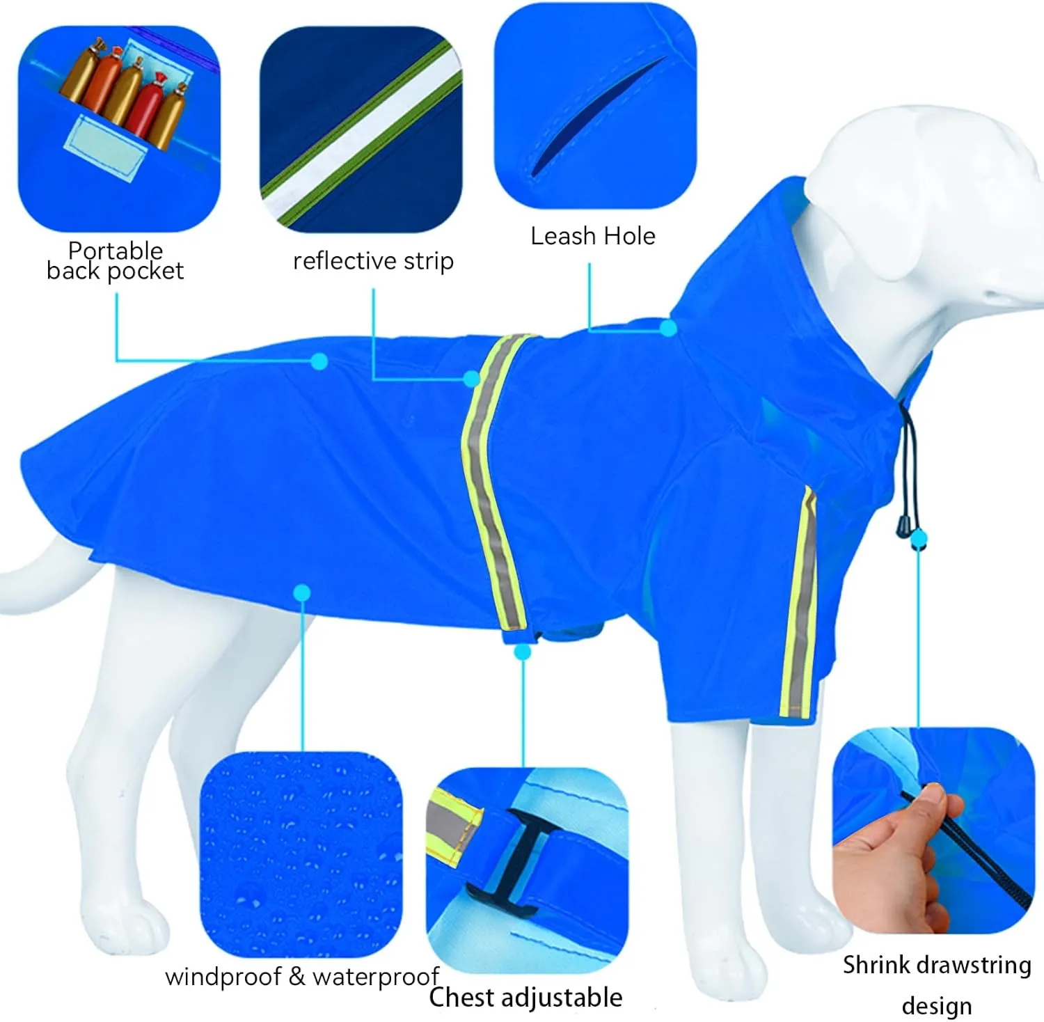 Dog Raincoat, Adjustable Drawstring Dog Rain Jacket for Medium Small Dogs, Waterproof Dog Hooded Poncho with Reflective Stripe(Blue,2XL)