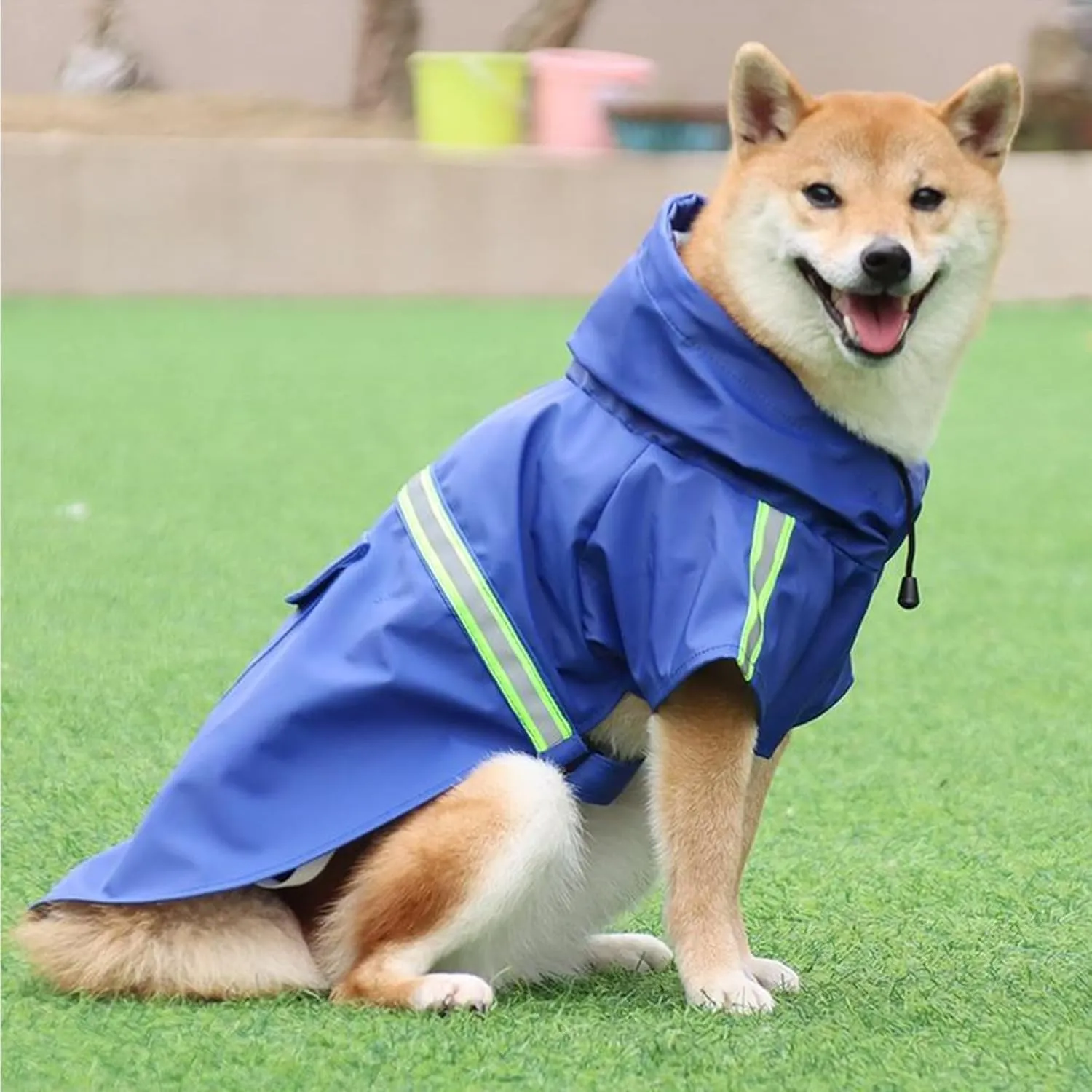 Dog Raincoat, Adjustable Drawstring Dog Rain Jacket for Medium Small Dogs, Waterproof Dog Hooded Poncho with Reflective Stripe(Blue,2XL)