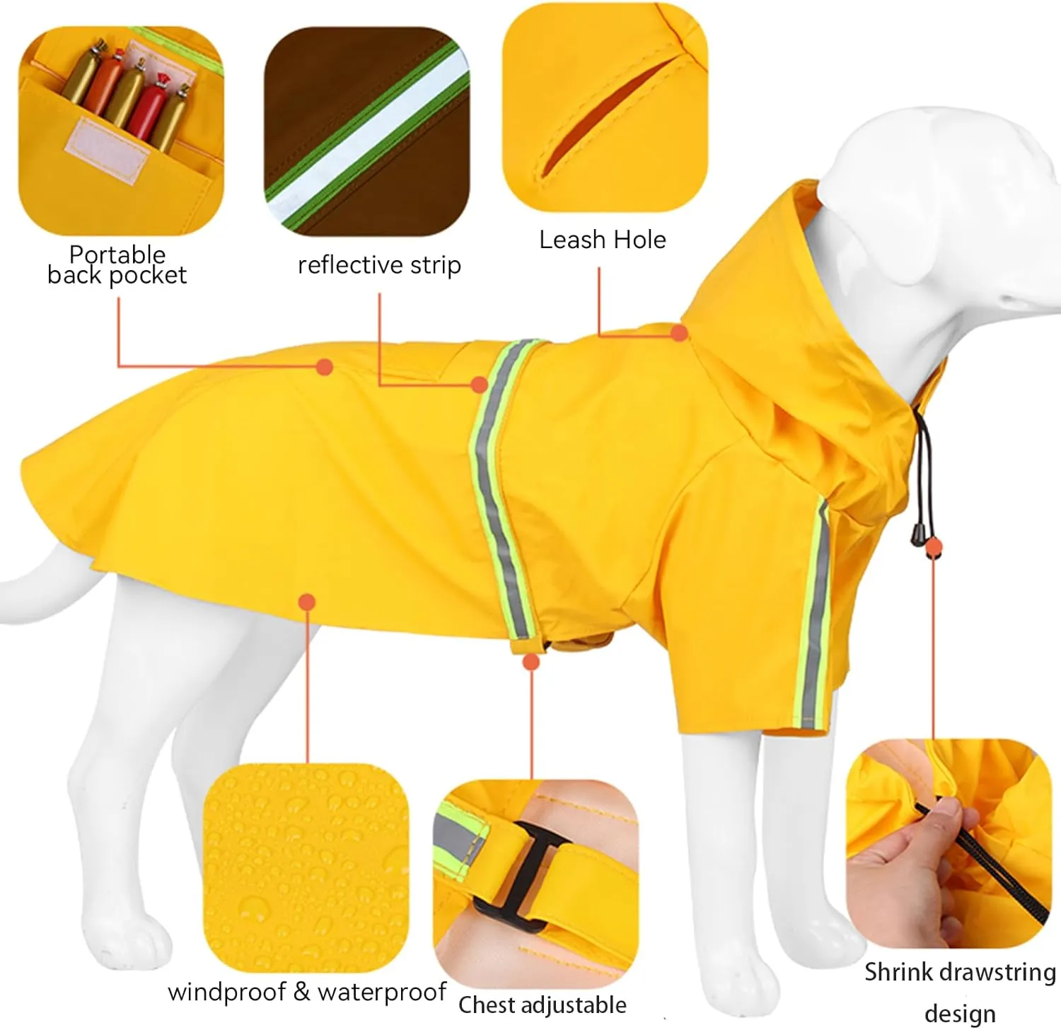 Dog Raincoat, Adjustable Drawstring Dog Rain Jacket for Medium Small Dogs, Waterproof Dog Hooded Poncho with Reflective Stripe(Yellow,2XL)