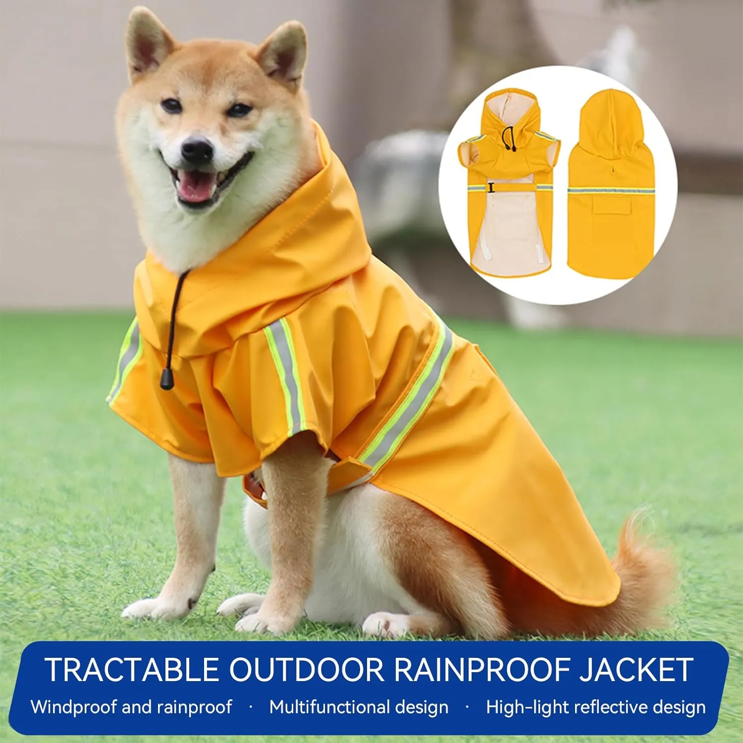 Dog Raincoat, Adjustable Drawstring Dog Rain Jacket for Medium Small Dogs, Waterproof Dog Hooded Poncho with Reflective Stripe(Yellow,2XL)