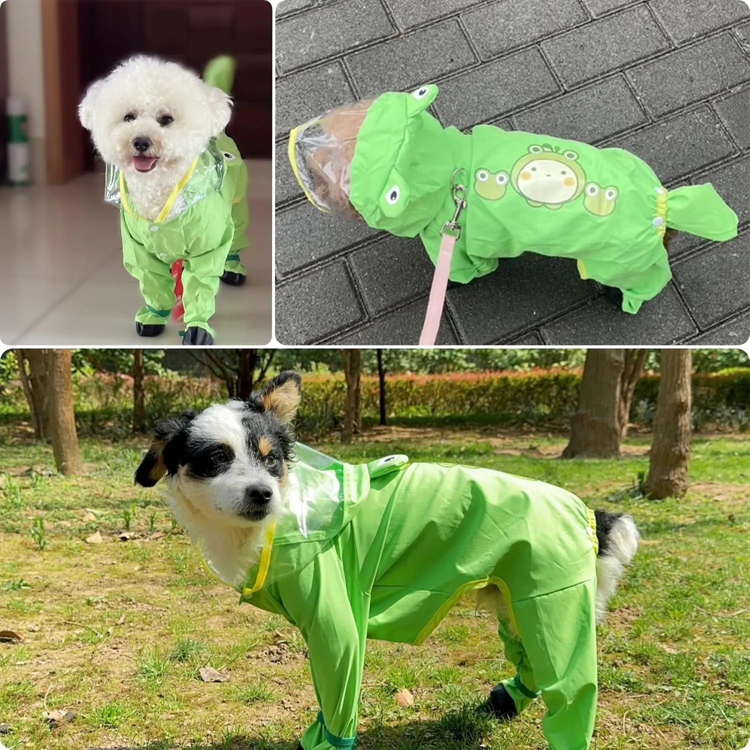 Dog Raincoat with Boots,Waterproof Dog Raincoats with Hood for Small Medium Large Dogs,Raincoat with Leash Ring (Green Frog, Large)