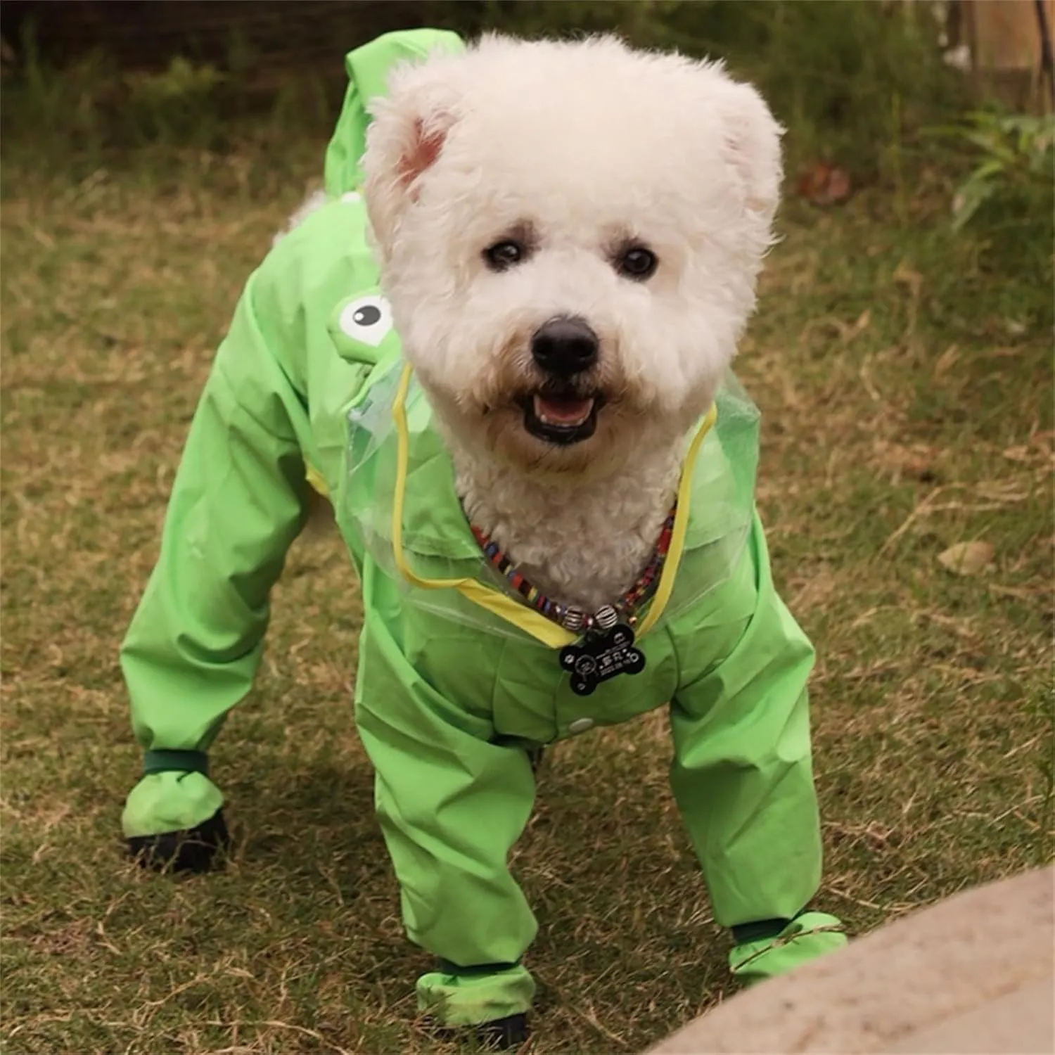 Dog Raincoat with Boots,Waterproof Dog Raincoats with Hood for Small Medium Large Dogs,Raincoat with Leash Ring (Green Frog, Large)