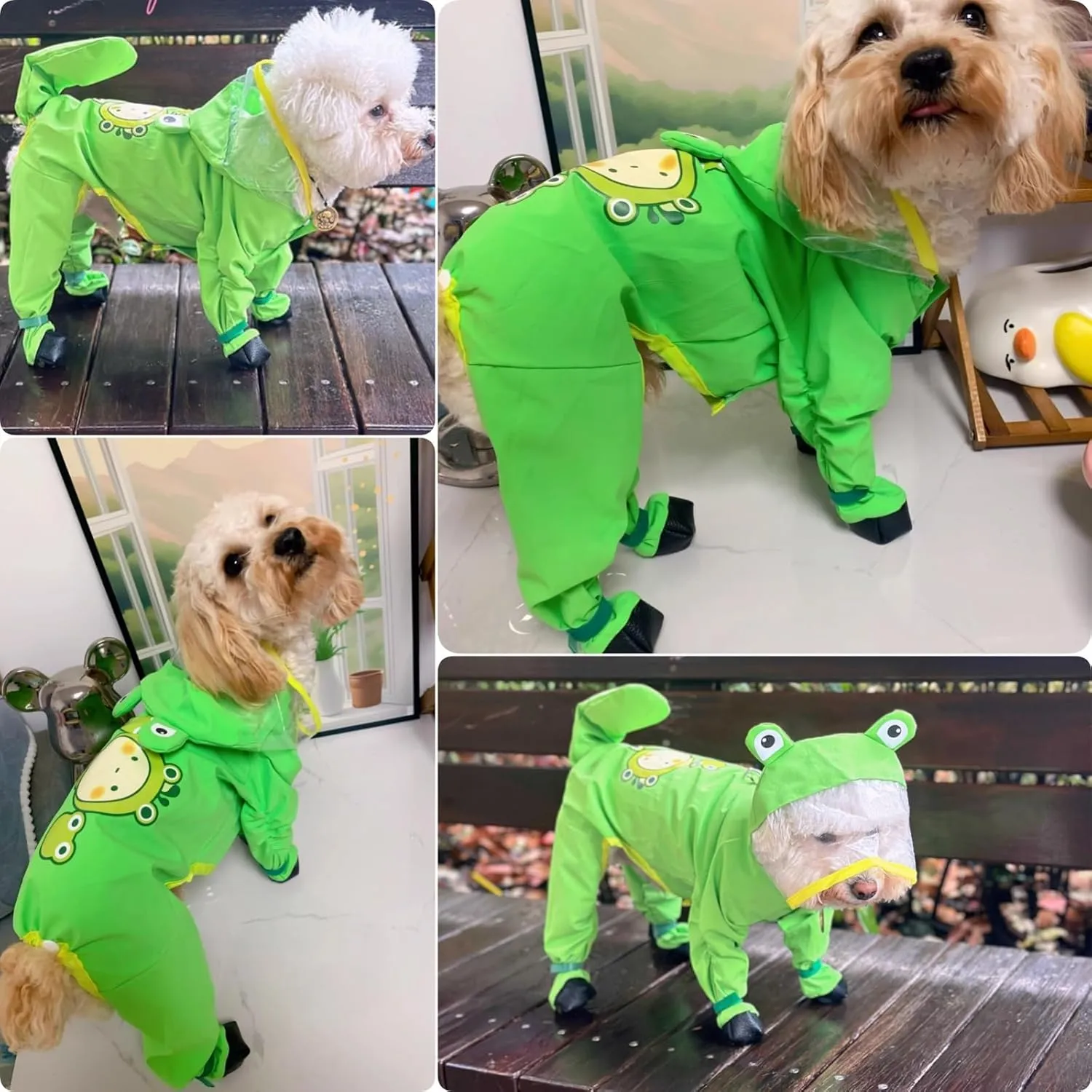 Dog Raincoat with Boots,Waterproof Dog Raincoats with Hood for Small Medium Large Dogs,Raincoat with Leash Ring (Green Frog, Large)