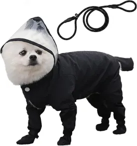 Dog Raincoat with Hood, Waterproof Full-Coverage Reflective Rain Jacket with Leash Quick-Drying Rain Poncho and Shoes for Small Medium Large Dogs,Black,L