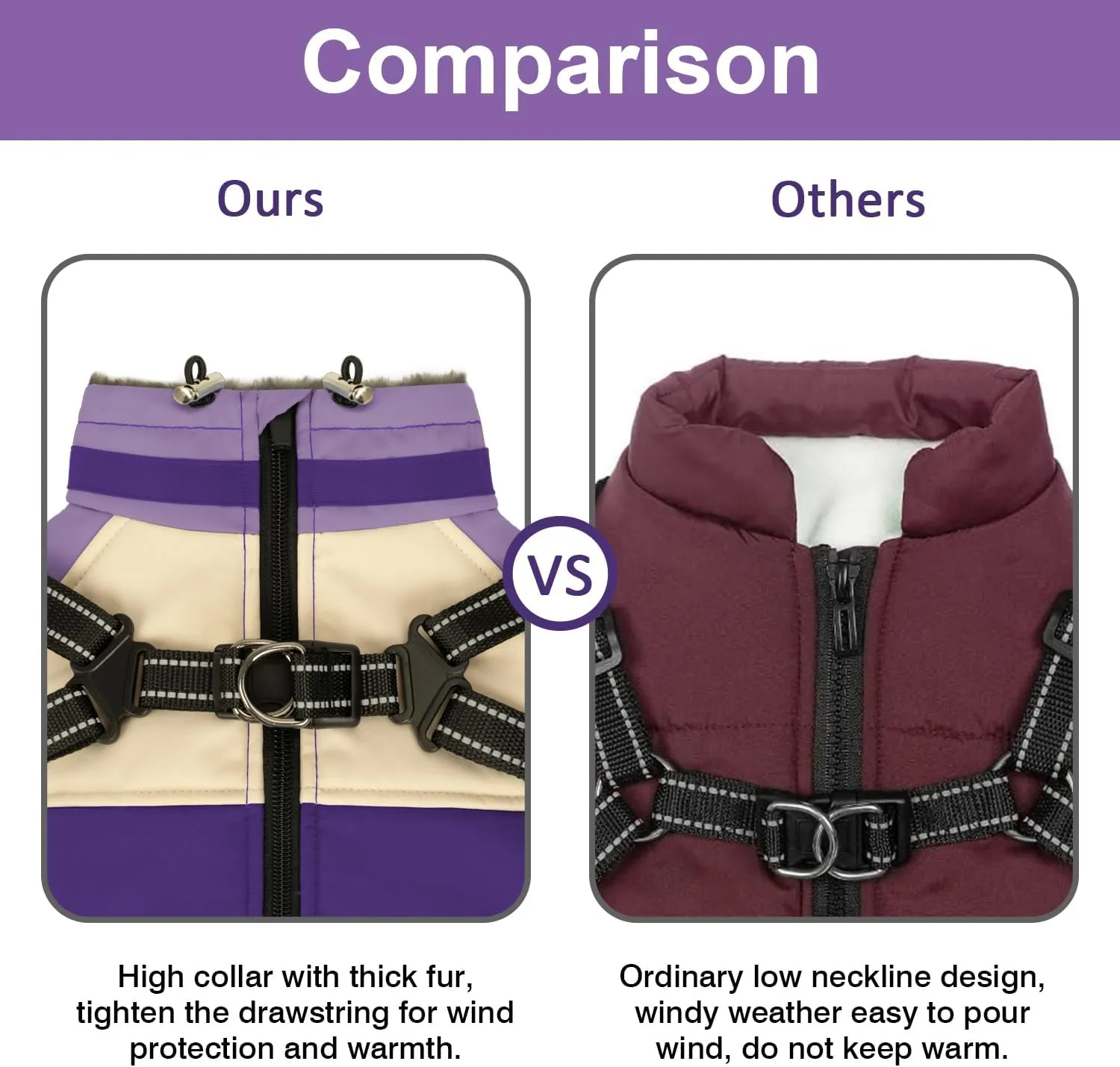 Dog Winter Coat, Warm Dog Jacket - Windproof Turtleneck, Reflective Snowsuit - Small, Medium, Large, Purple