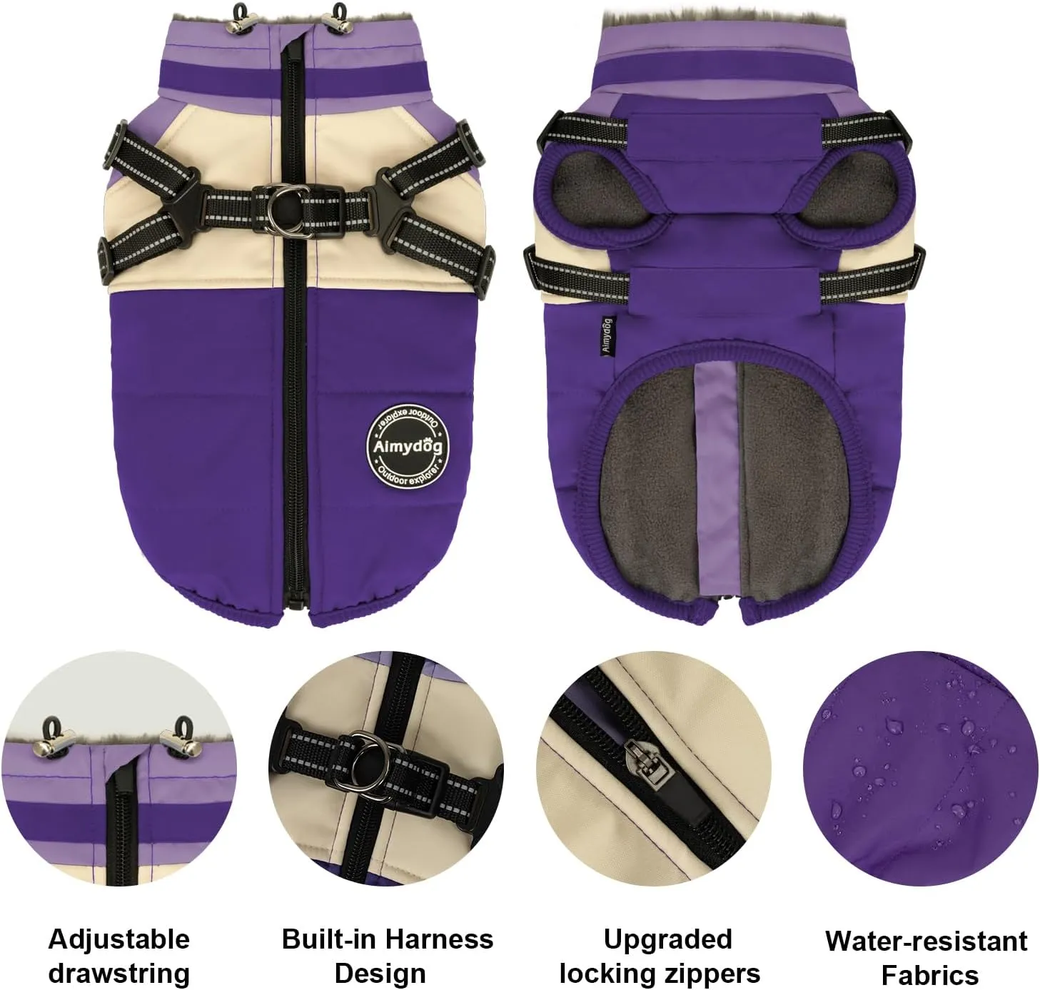 Dog Winter Coat, Warm Dog Jacket - Windproof Turtleneck, Reflective Snowsuit - Small, Medium, Large, Purple