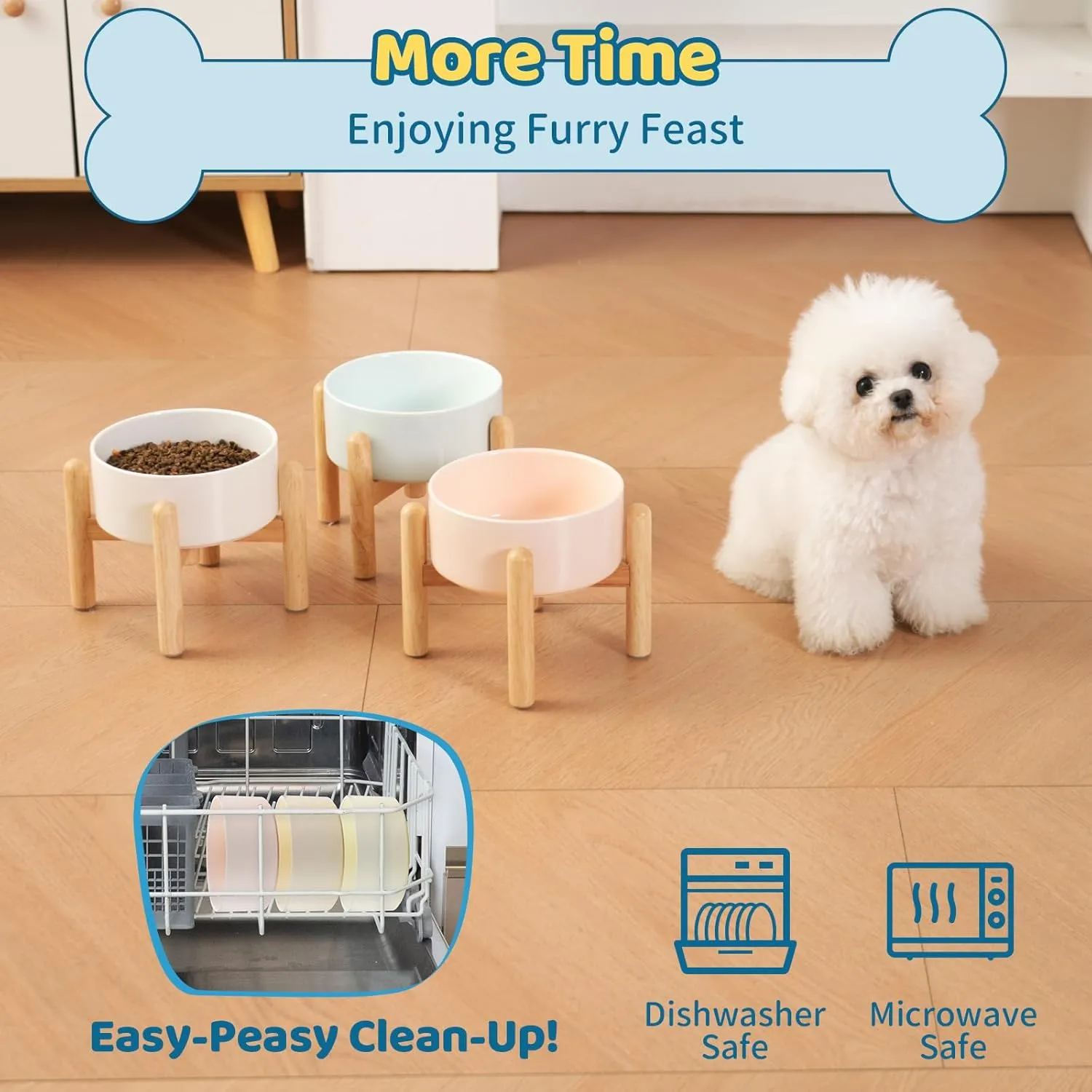 Elevated Ceramic Dog Food Bowl - Raised Feeding Bowl with Wooden Stand - Pet Dish for Small and Medium Dogs - Candy Colors - 2 Cups / 27 fl oz / 800 ml - Pink