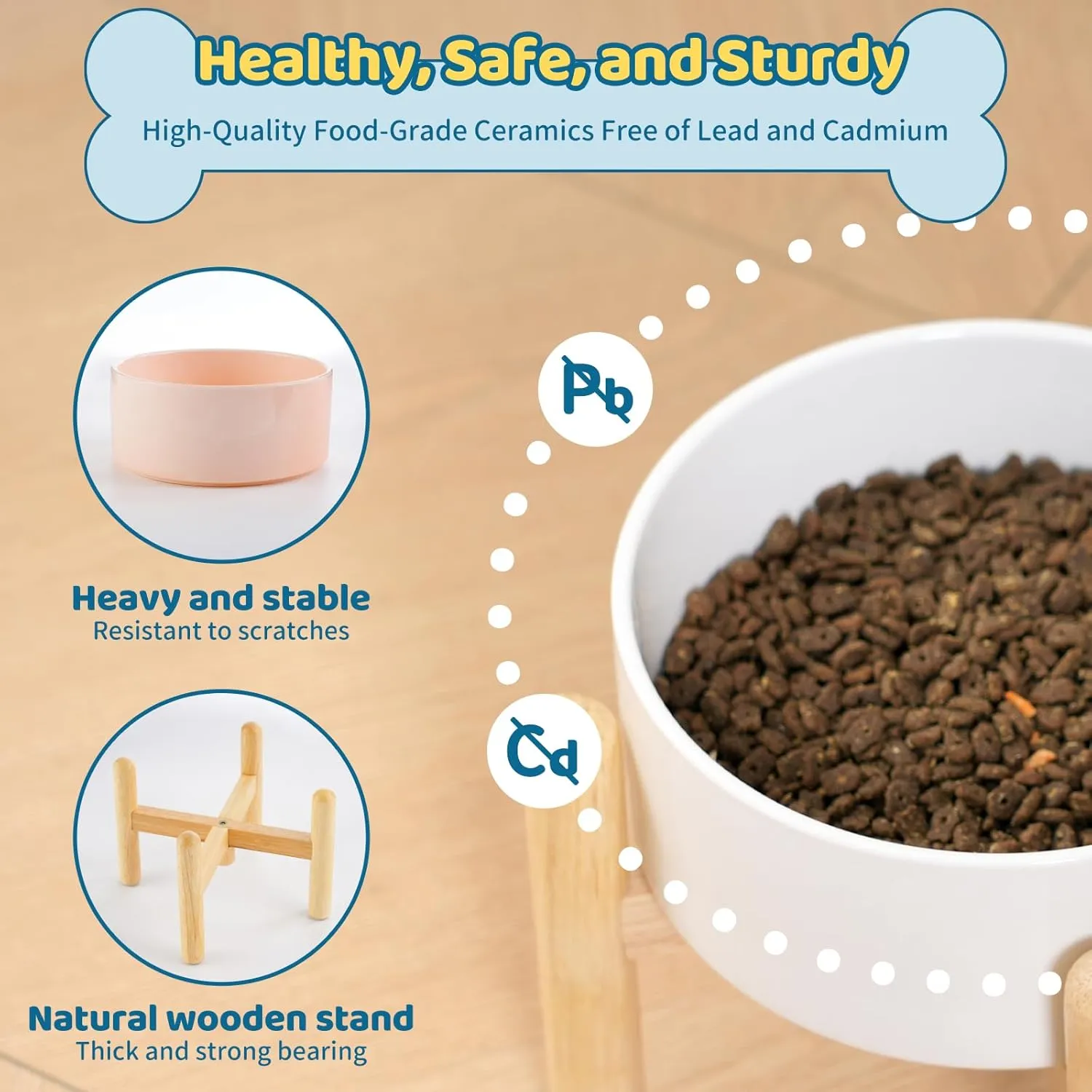 Elevated Ceramic Dog Food Bowl - Raised Feeding Bowl with Wooden Stand - Pet Dish for Small and Medium Dogs - Candy Colors - 2 Cups / 27 fl oz / 800 ml - Pink