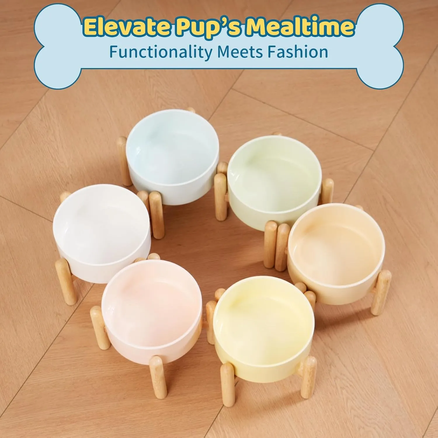 Elevated Ceramic Dog Food Bowl - Raised Feeding Bowl with Wooden Stand - Pet Dish for Small and Medium Dogs - Candy Colors - 2 Cups / 27 fl oz / 800 ml - Pink