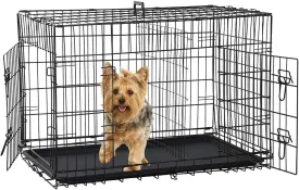 Folding Dog Crate 36" Metal Portable Outdoor Double Door Wire Large Cat Pet Dog Cage Kennel with ABS Tray LC & Divider, Black