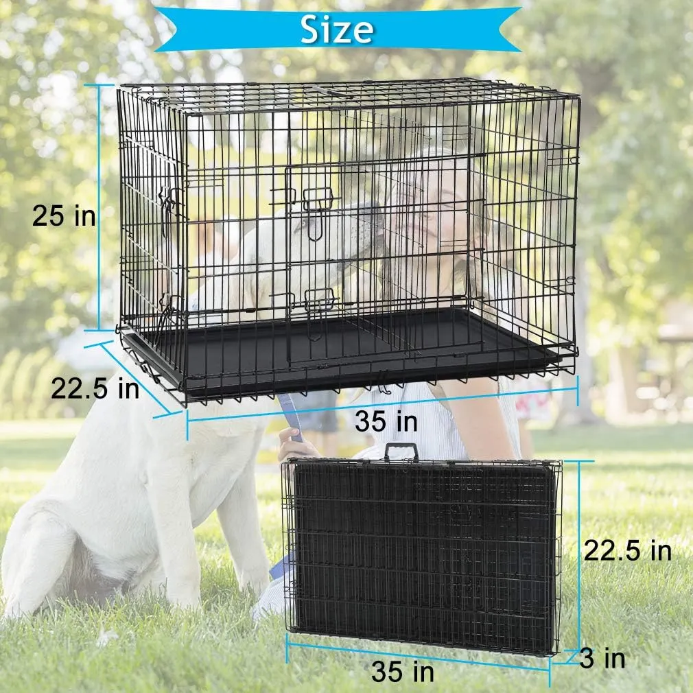 Folding Dog Crate 36" Metal Portable Outdoor Double Door Wire Large Cat Pet Dog Cage Kennel with ABS Tray LC & Divider, Black